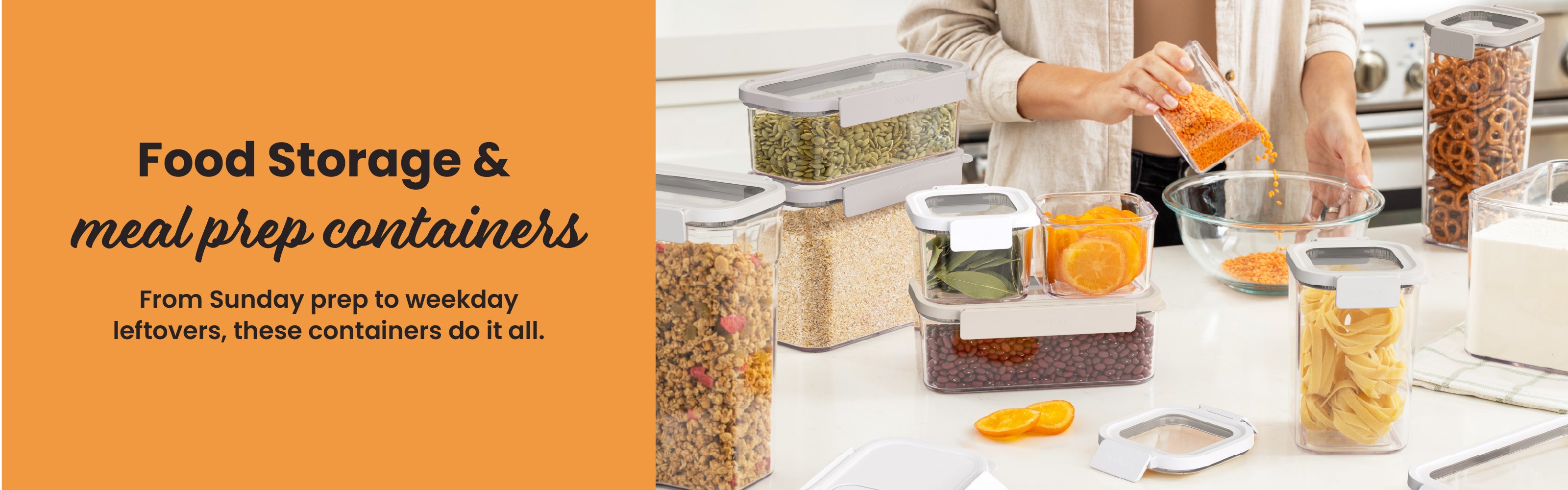 Food storage and meal prep containers with a person preparing food in a kitchen.