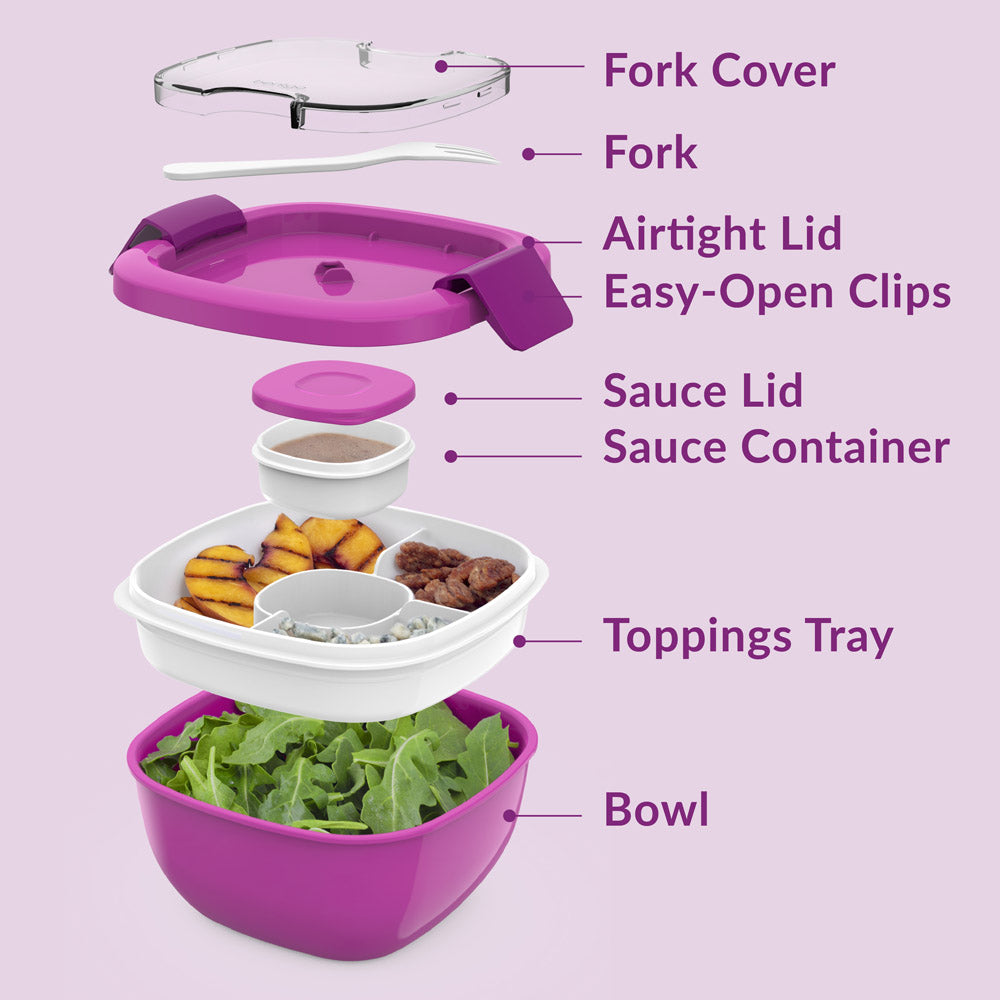 Bentgo® Salad Container (2-Pack) - Purple | Includes Fork Cover, Fork, Airtight Lid, Easy-Open Clips, Sauce Lid, Sauce Container, Toppings Tray, And Bowl