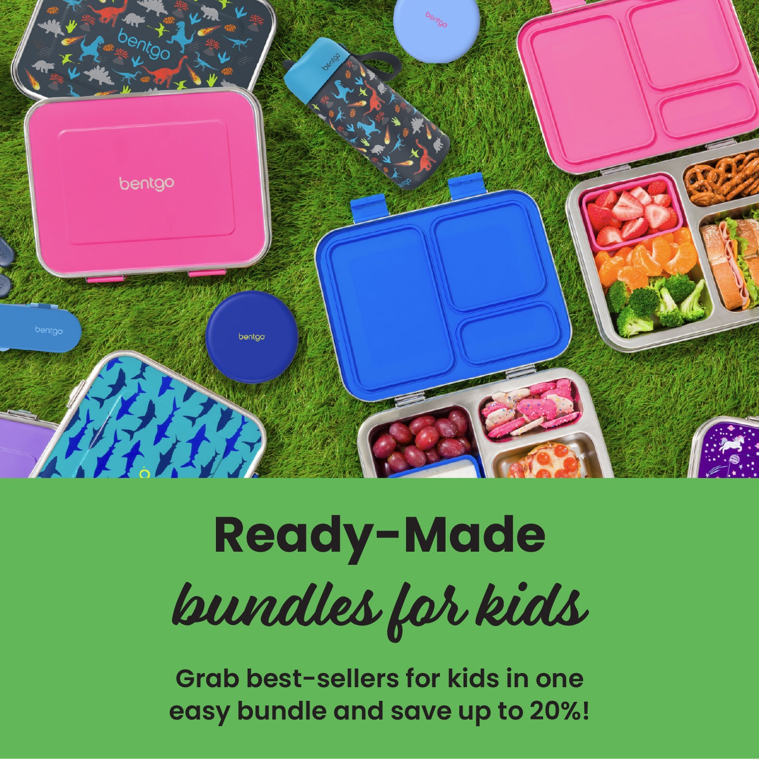 Colorful lunch boxes and containers with snacks on grass, featuring Bento brand.