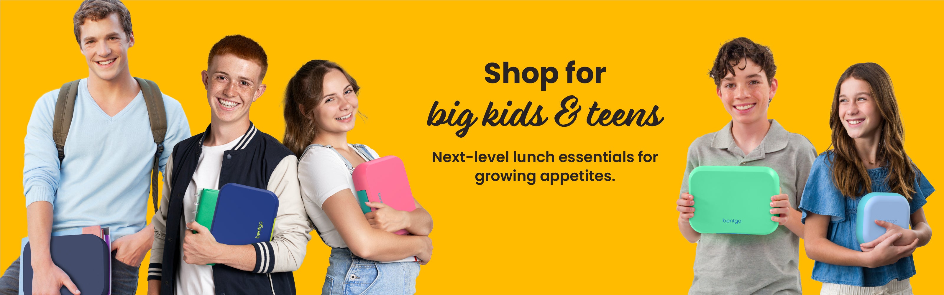 Promotional banner with five teenagers holding lunch items against a yellow background, featuring text about next-level lunch essentials for growing appetites.
