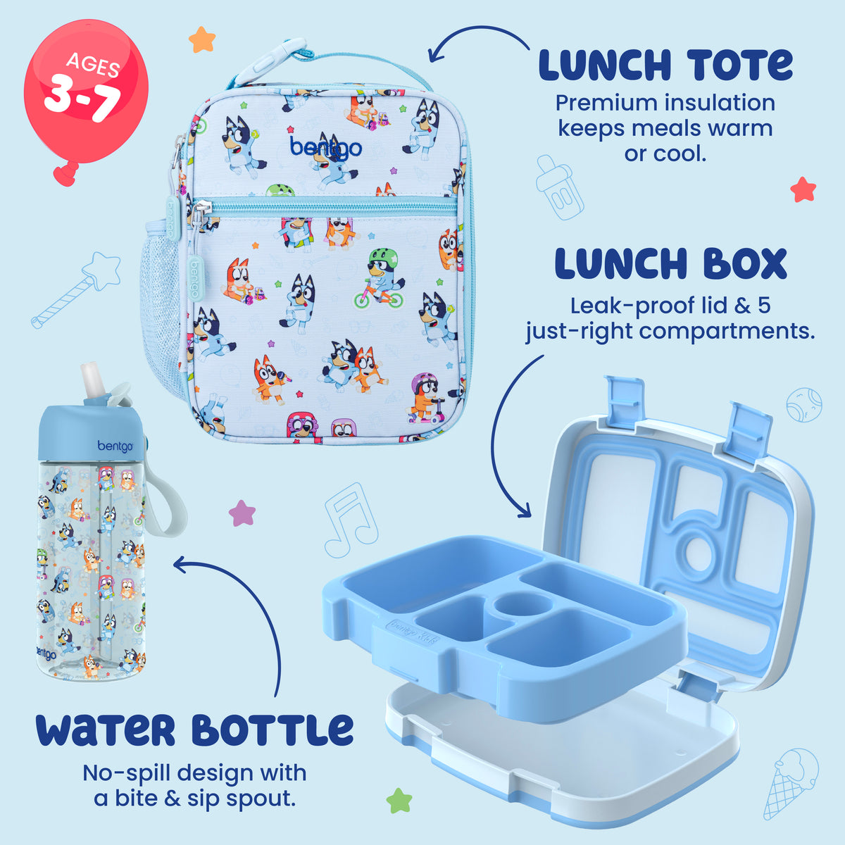 Bentgo® + Bluey Kids 3-Piece Lunchtime Trio Set | Play Date - Ages 3-7, Lunch Tote - Premium Insulation Keeps Meals Warm or Cool, Lunch Box - Leak-Proof Lid & 5 Just-Right Compartments, and Water Bottle - No Spill Design With a Bite & Sip Spout
