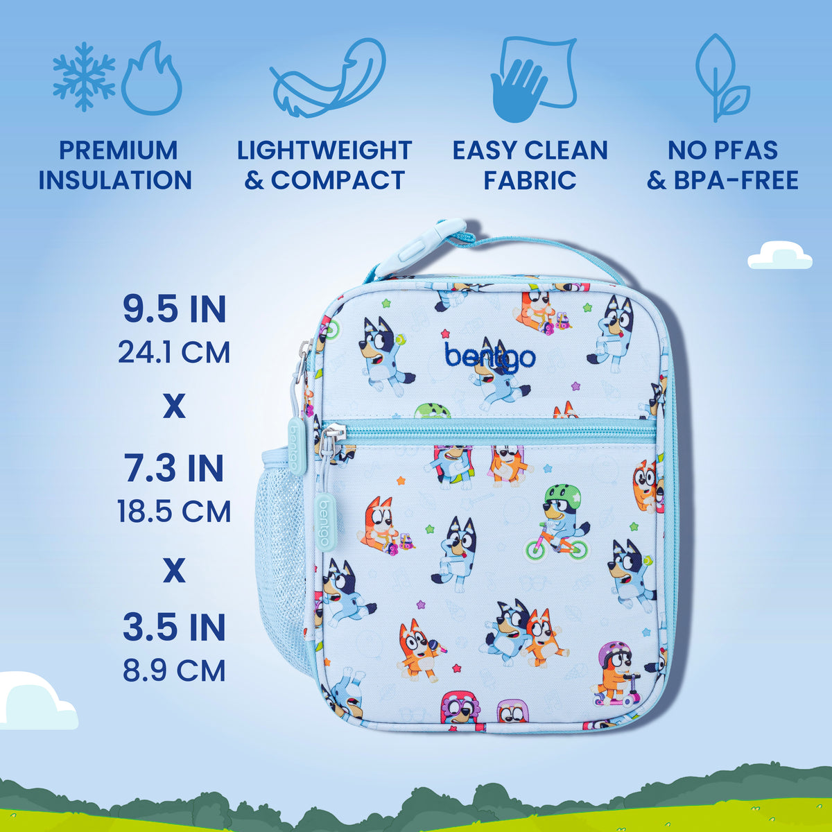 Bentgo® + Bluey Kids 3-Piece Lunchtime Trio Set | Play Date - Premium Insulation, Lightweight & Compact, Easy Clean Fabric, and No PFAs & BPA-Free | Lunch Tote Dimensions