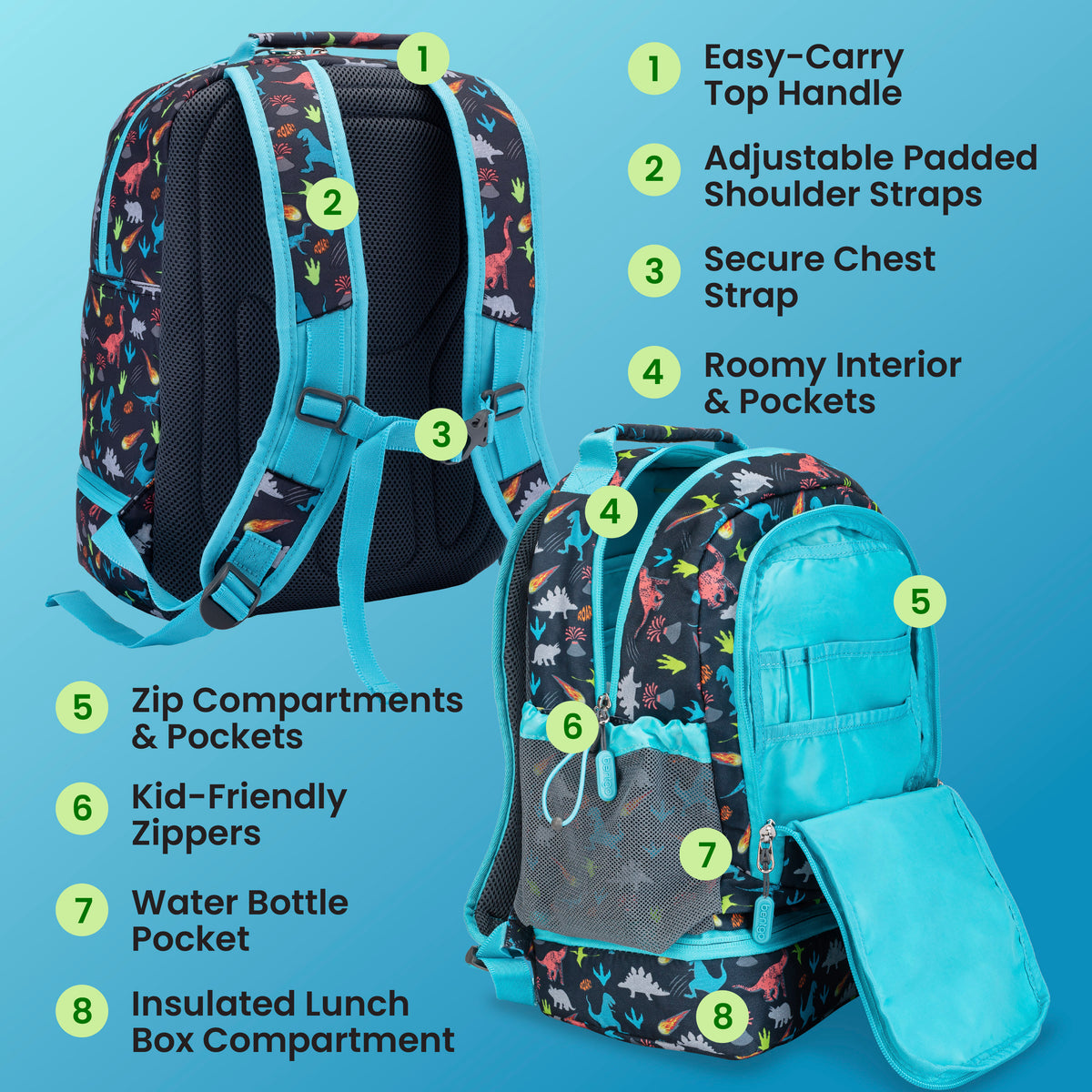 Bentgo® Kids Prints 2-in-1 Backpack & Lunch Bag - Dinosaur | Easy-Carry Top Handle, Adjustable Padded Shoulder Straps, Secure Chest Strap, Roomy Interior & Pockets, Zip Compartments & Pockets, Kid-Friendly Zippers, Water Bottle Pocket, and Insulated Lunch Box Compartment