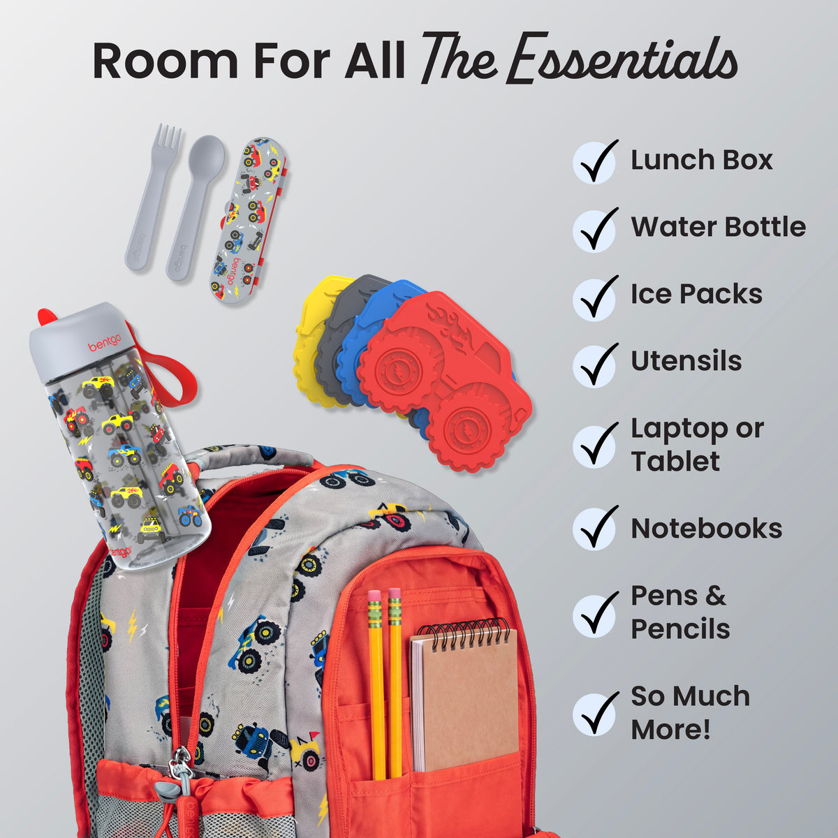 Bentgo® Kids Prints 2-in-1 Backpack & Lunch Bag - Trucks | Room For All The Essentials - Lunch Box, Water Bottle, Ice Packs, Utensils, Laptop or Tablet, Notebooks, Pens & Pencils, and So Much More