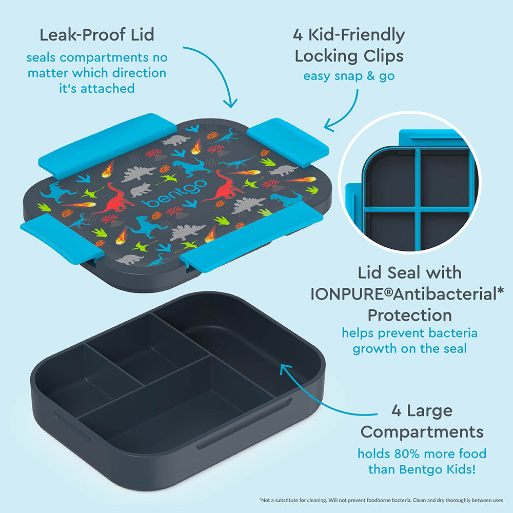 Bentgo® Kids Snap & Go Lunch Box, Insulated Lunch Tote, & Ice Packs - Dinosaur | Snap & Go Lunch Box Includes Leak-Proof Lid, 4 Kid-Friendly Locking Clips, Lid Seal with IONPURE Antibacterial Protection, And 4 Large Compartments