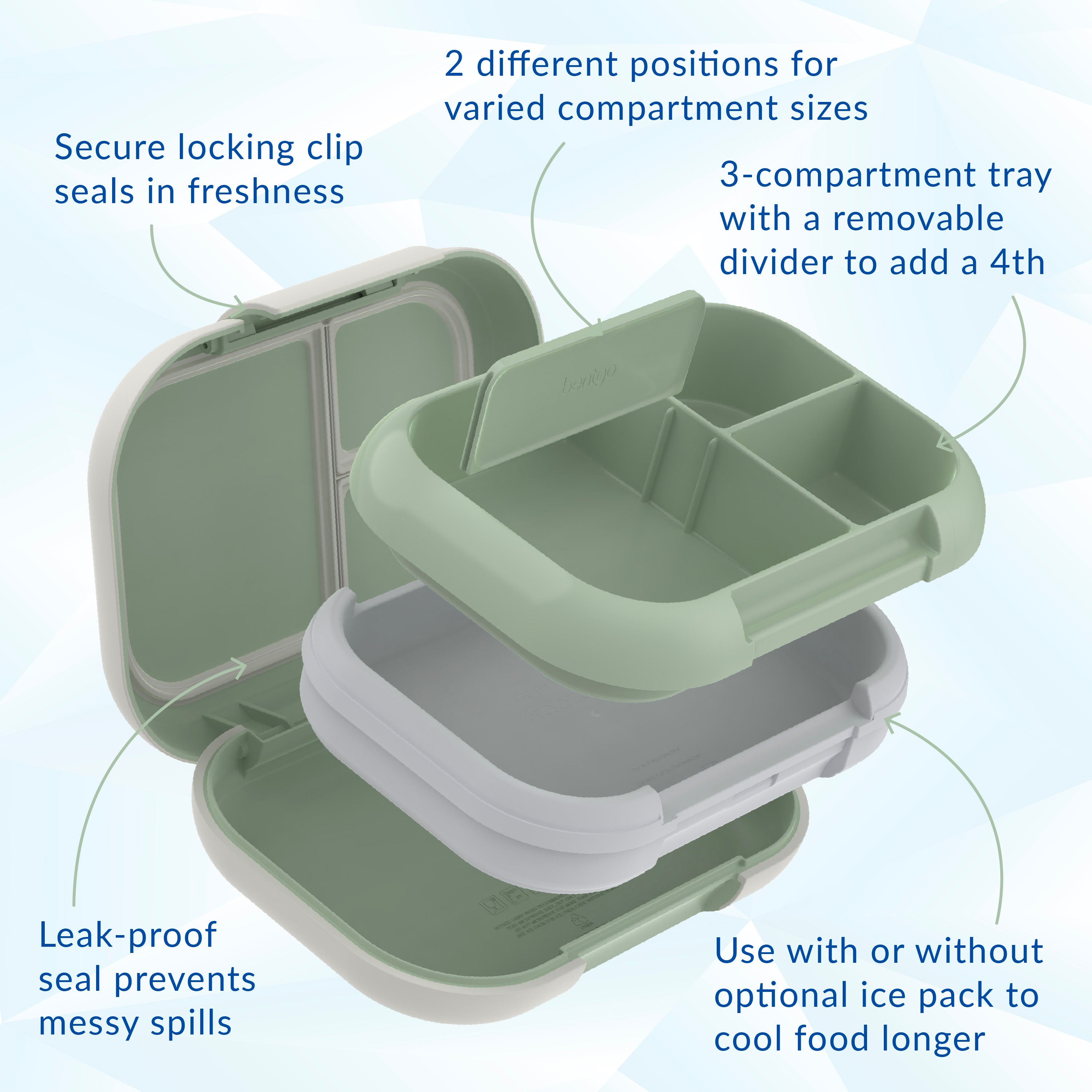 Bentgo® Chill Max Lunch Box  - Clay Green and Gray | Secure Locking Clip, 2 Different Positions For Varied Compartment Sizes, 3-Compartment Tray With A Removable Divider To Add A 4th, Leak-Proof Seal Prevents Messy Spills, And Use With Or Without Optional Ice Pack To Cool Food Longer