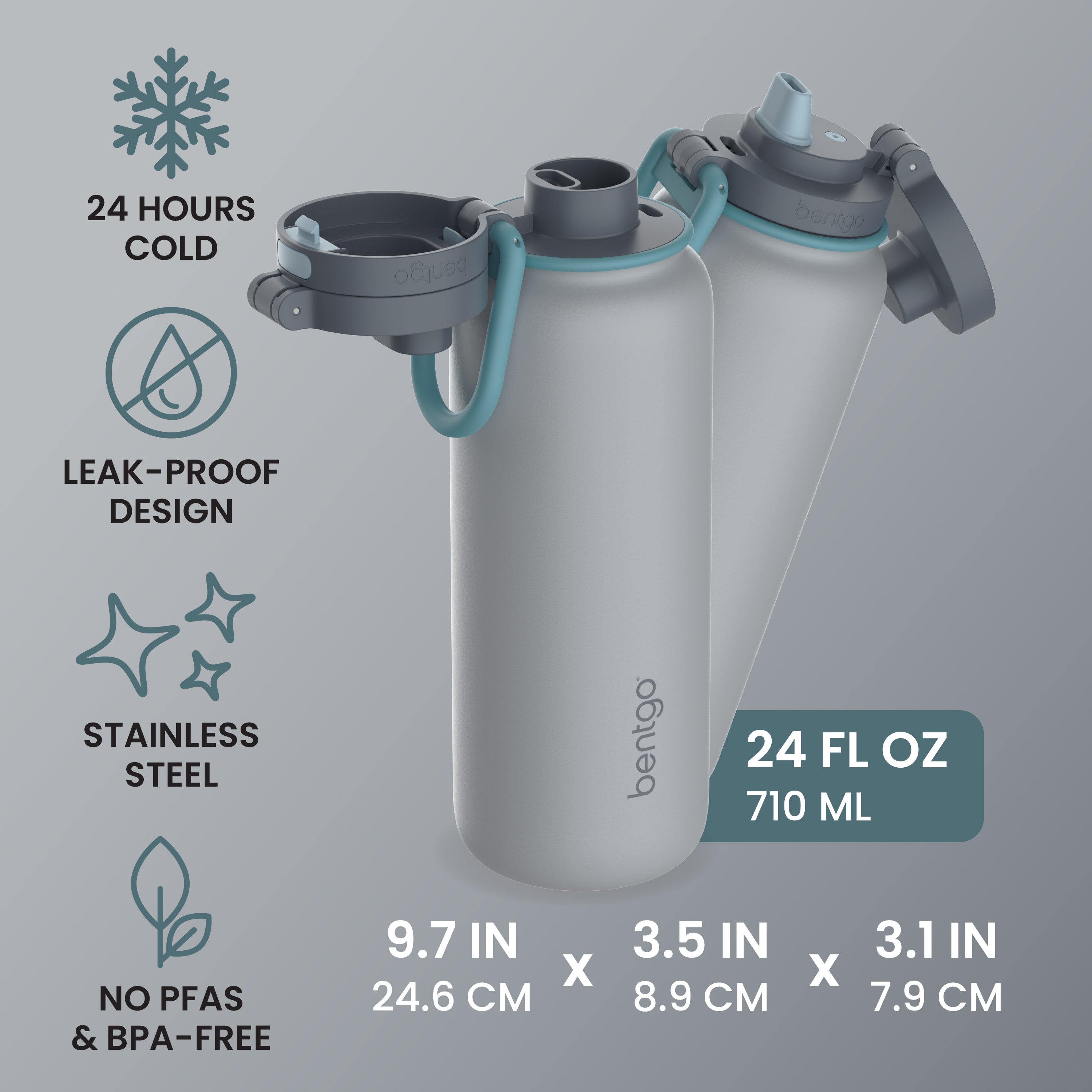 Bentgo® Flip Leak-Proof Water Bottle | Gray Surf - 24 Hours Cold, Leak-Proof Design, Stainless Steel, and No PFAs & BPA-Free - Product Dimensions