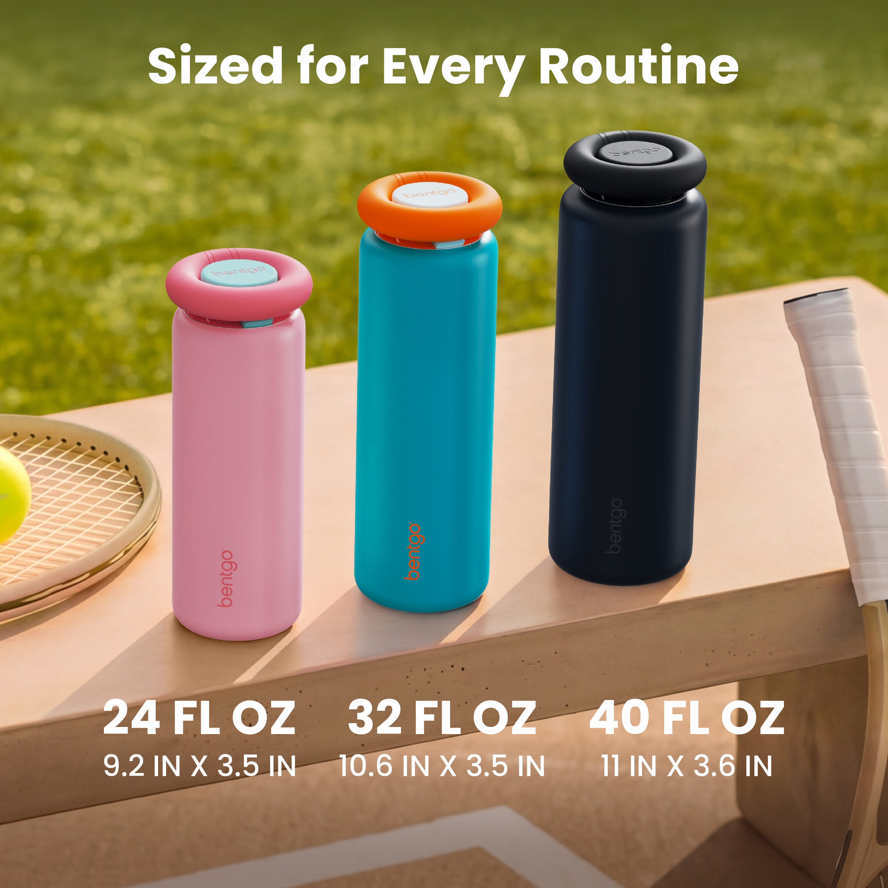 Bentgo® Lift Water Bottle | Bubblegum - Sized For Every Routine (24 Fl Oz, 32 Fl Oz, 40 Fl Oz) and Product Dimensions