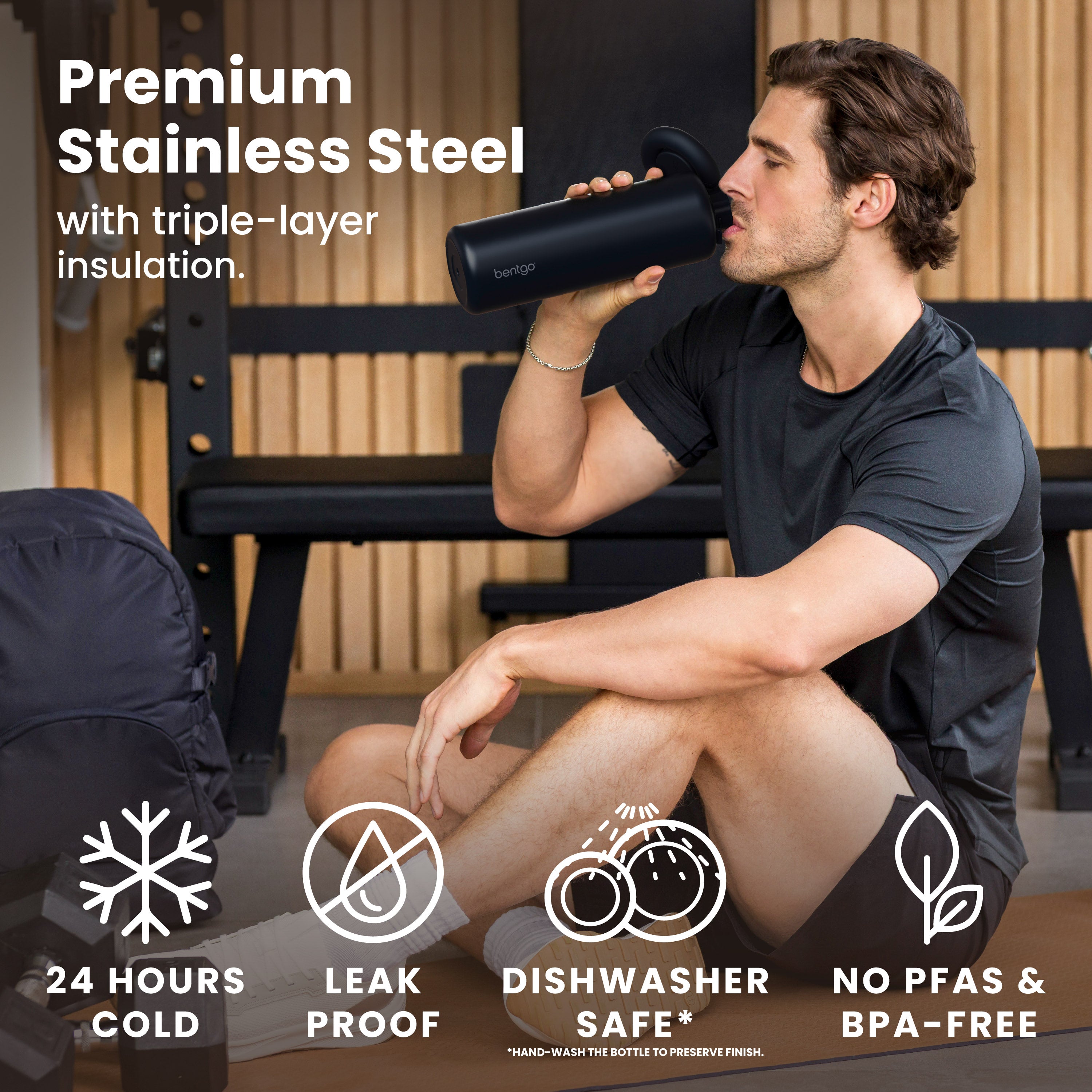 Bentgo® Lift Water Bottle | Back to Black - Premium Stainless Steel With Triple-Layer Insulation, 24 Hours Cold, Leak Proof, Dishwasher Safe (Hand-Wash The Bottle To Preserve Finish), and No PFAs & BPA-Free