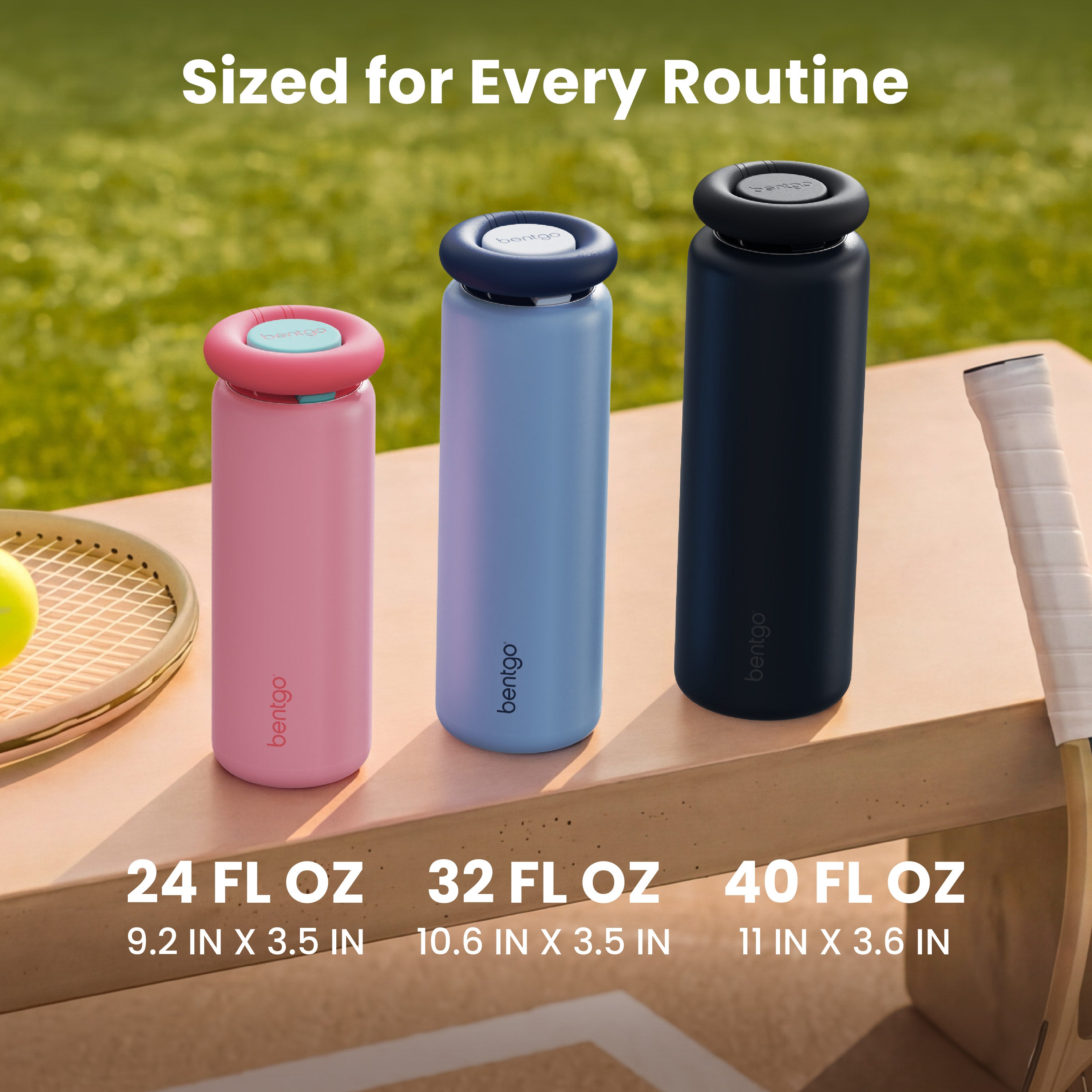 Bentgo® Lift Water Bottle | Back to Black - Sized For Every Routine (24 Fl Oz, 32 Fl Oz, 40 Fl Oz) and Product Dimensions