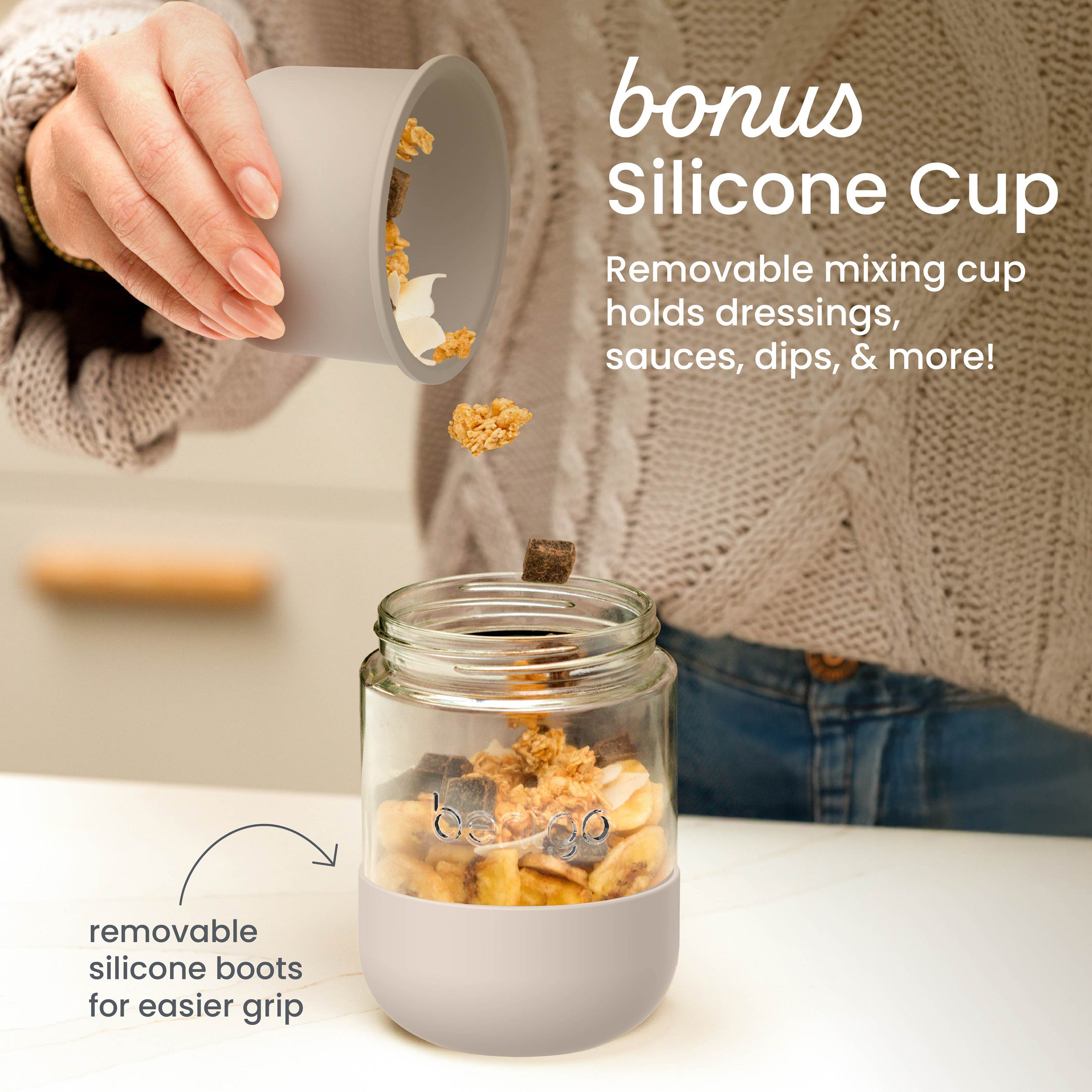 Bentgo® Leak-Proof Glass Food Jars, Boots, & Inner Cup | Moondust - Bonus Silicone Cup (Removable Mixing Cup Holds Dressings, Sauces, Dips, and More) and Removable Silicone Boots For Easier Grip