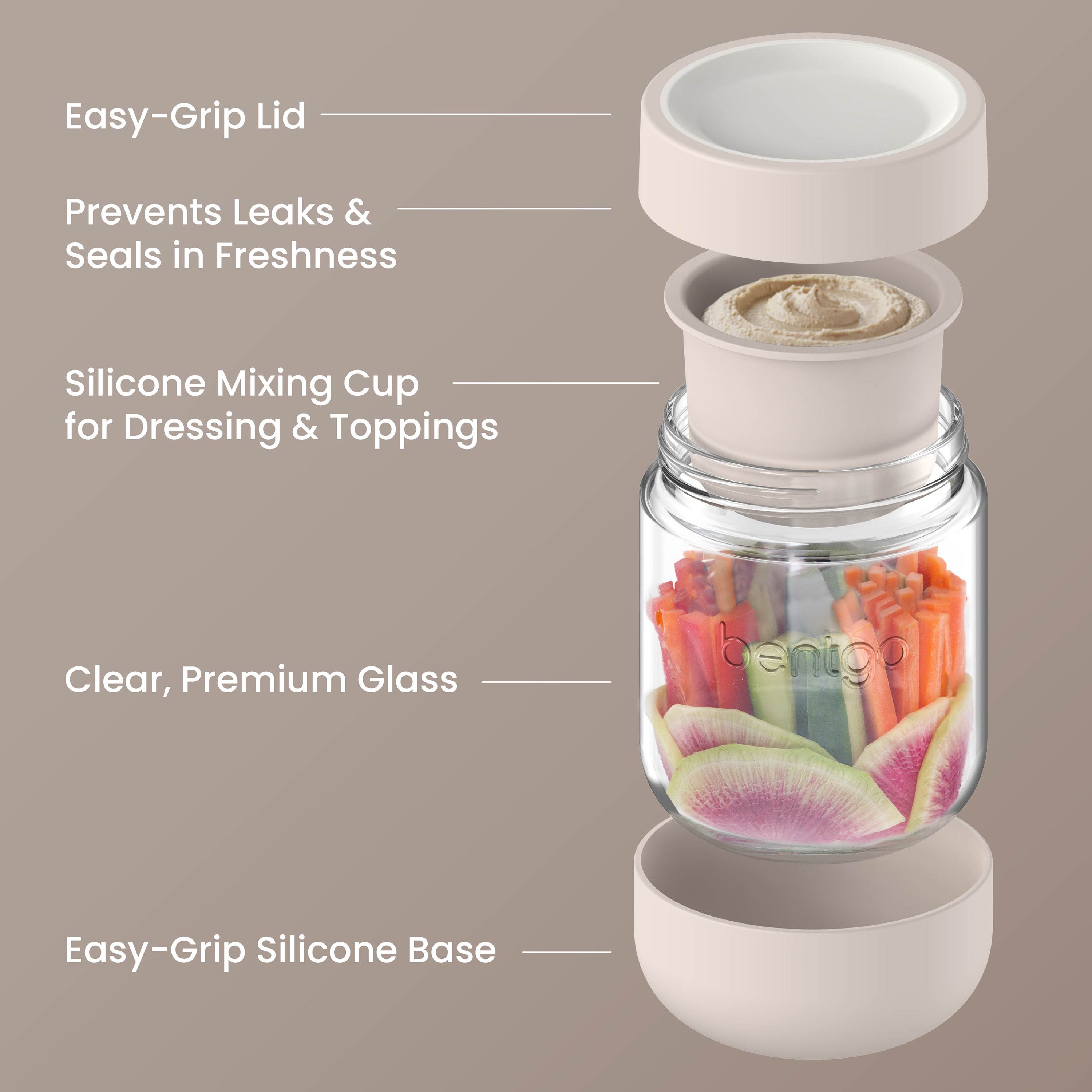 Bentgo® Leak-Proof Glass Food Jars, Boots, & Inner Cup | Moondust - Easy-Grip Lid, Prevents Leaks and Seals in Freshness, Silicone Mixing Cup For Dressing and Toppings, Clear Premium Glass, and Easy-Grip Silicone Base