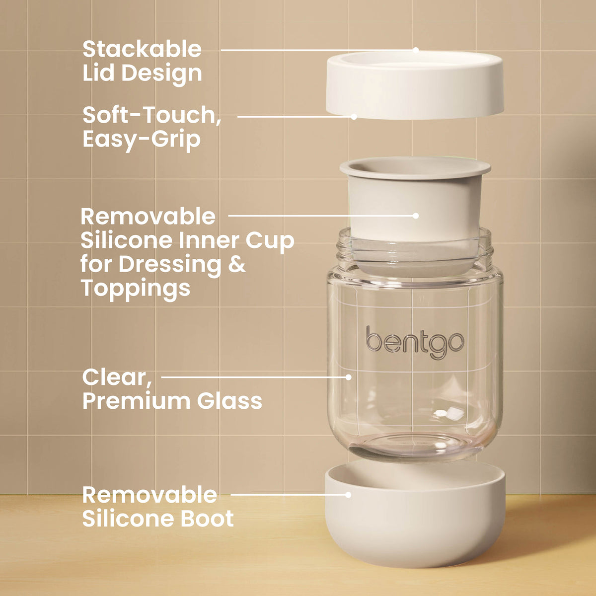 Bentgo® Glass Food Jar Set (14-Piece) - Desert Sage | Stackable Lid Design, Soft-Touch Easy-Grip, Removable Silicone Inner Cup For Dressing & Toppings, Clear Premium Glass, and Removable Silicone Boot