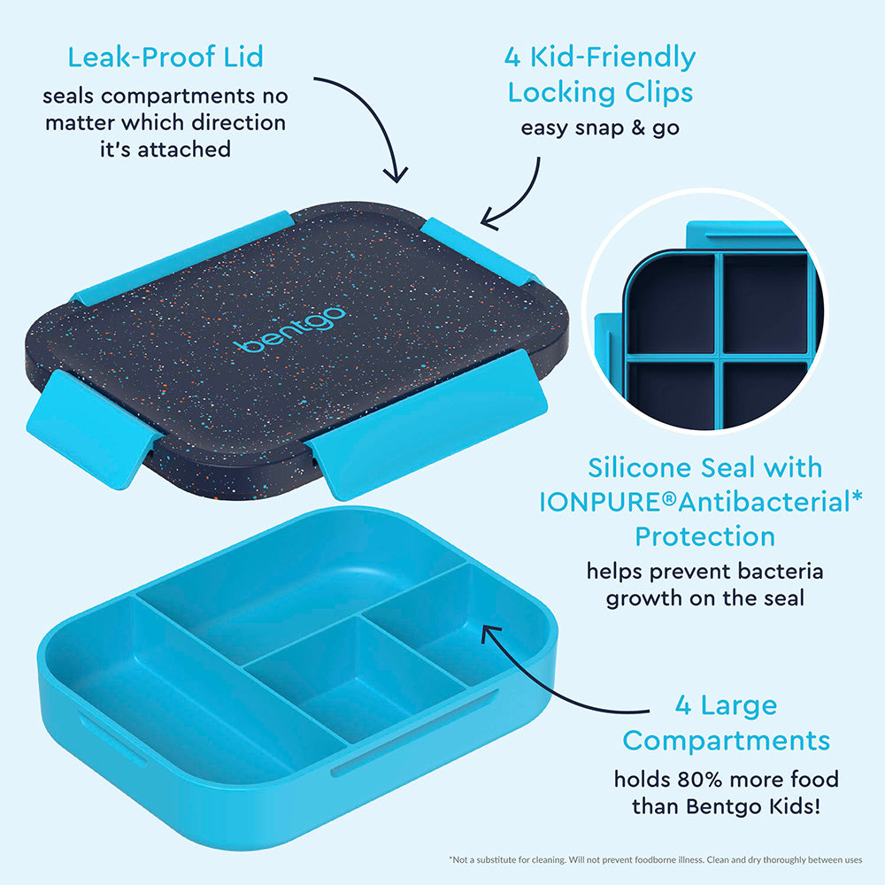 Bentgo® Kids Snap & Go Leak-Proof Lunch Box- Abyss Blue Speckle Confetti | Leak-Proof Lid - Seals Compartments No Matter Which Direction It’s Attached, 4 Kid-Friendly Locking Clips - Easy Snap & Go, Silicon Seal With IONPURE Antibacterial Protections - Helps Prevent Bacteria Growth On The Seal, And 4 Large Compartments - Holds 80% More Food Than Bentgo Kids!