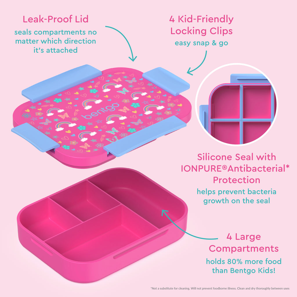Bentgo® Kids Snap & Go Lunch Box | Rainbows & Butterflies - Our Lunch Box Features A Leak-Proof Lid, Kid-Friendly Locking Clips, and 4 Large Compartments