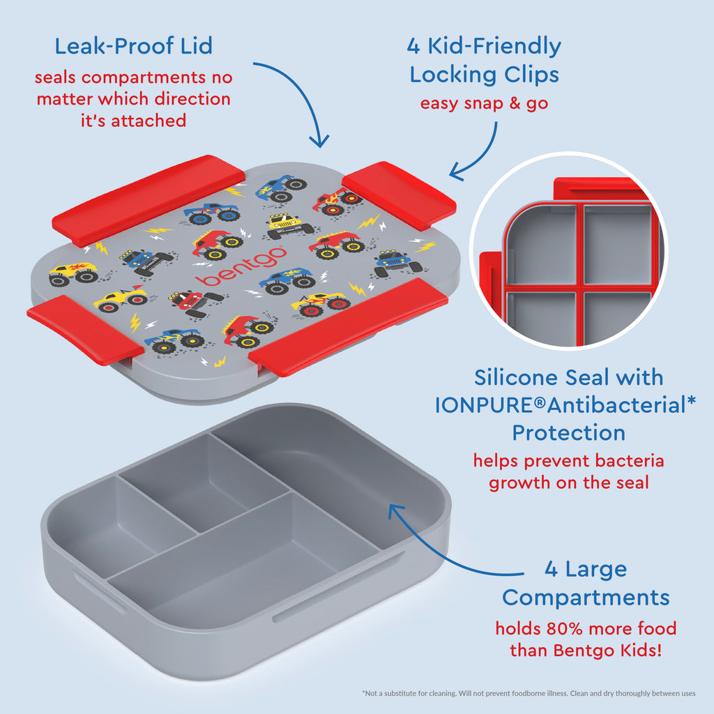 Bentgo® Kids Snap & Go Lunch Box | Trucks - Our Lunch Box Features A Leak-Proof Lid, Kid-Friendly Locking Clips, and 4 Large Compartments