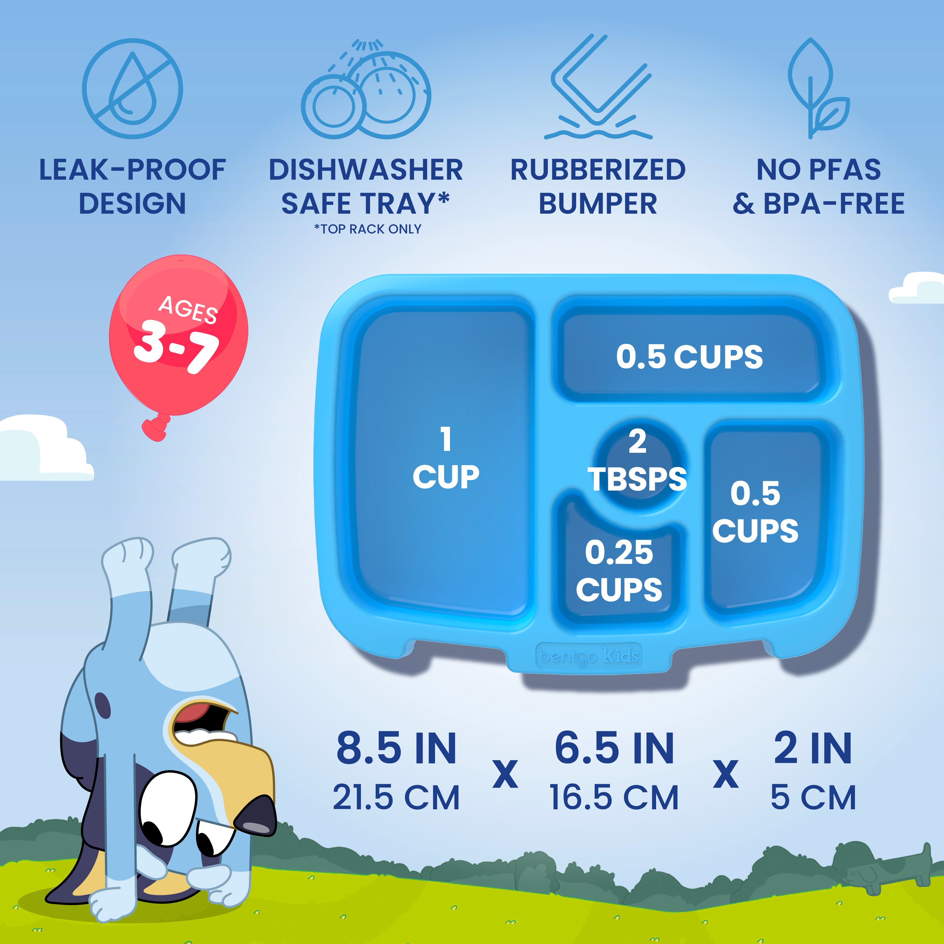 Bentgo + Bluey Kids Prints Lunch Box - Bluey’s Universe | Leak-Proof Design, Dishwasher Safe Tray, Rubberized Bumper, No PFAs & BPA-Free - Product Dimensions