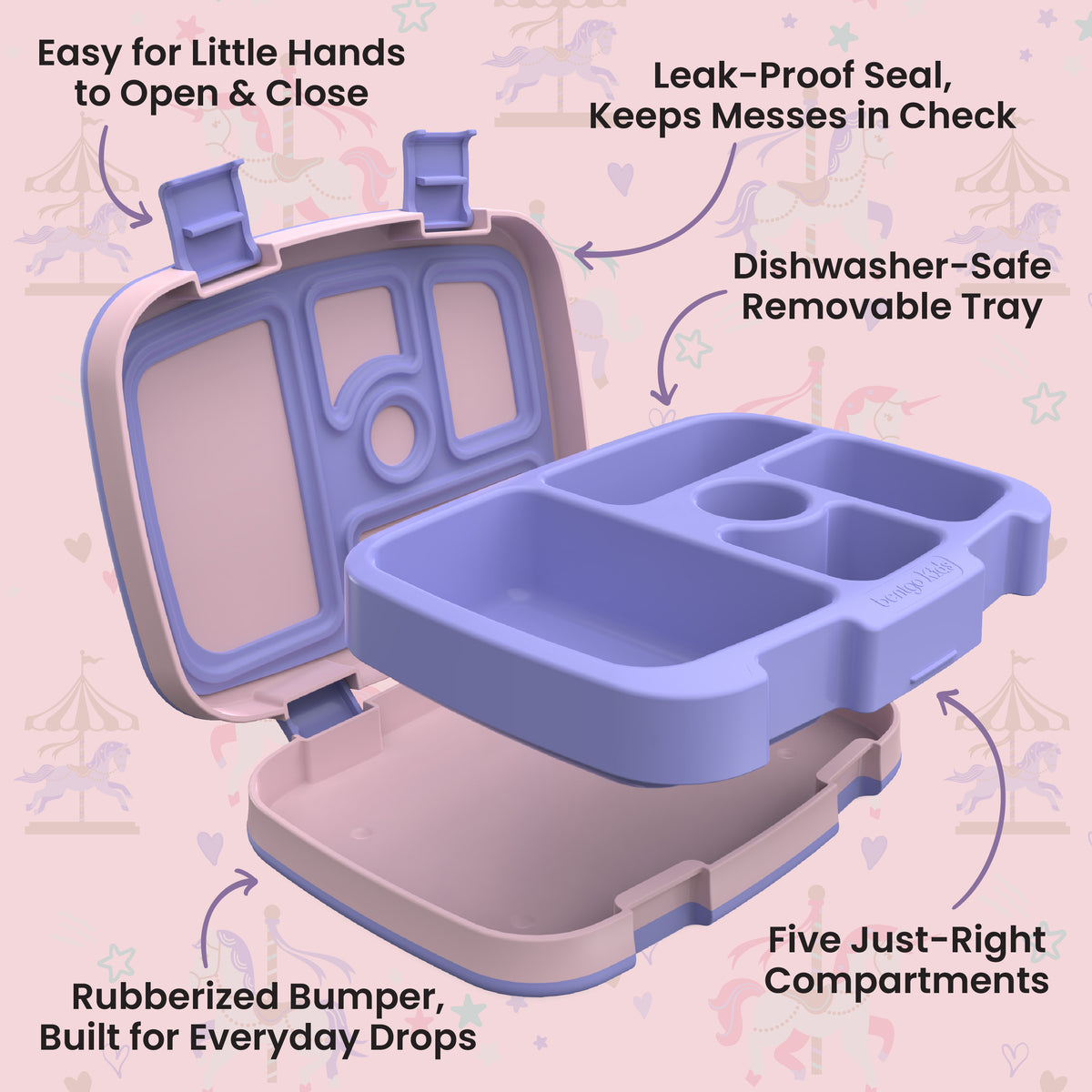 Bentgo Kids Prints Lunch Box - Carousel Unicorns | Kids Lunch Box Features Include Easy For Little Hands To Open & Close, Leak-Proof Seal That Keeps Messes In Check, Dishwasher-Safe Removable Tray, Rubberized Bumper Built For Everyday Drops, And Five Just-Right Compartments