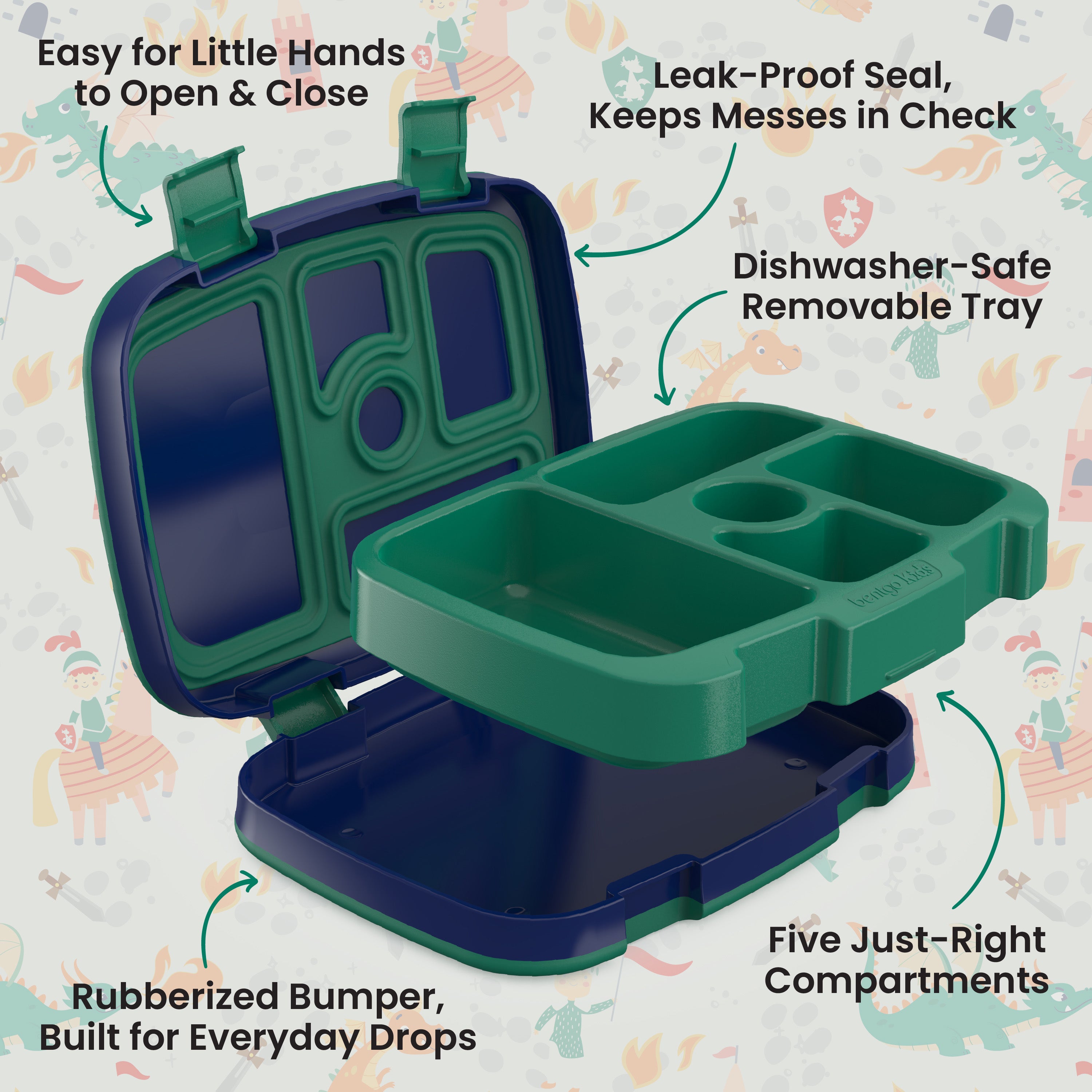 Bentgo Kids Prints Lunch Box - Dragons and Knights | Easy For Little Hands To Open & Close, Leak-Proof Seal, Keeps Messes In Check, Dishwasher-Safe Removable Tray, Rubberized Bumper, Built For Everyday Drops, And Five Just-Right Compartments