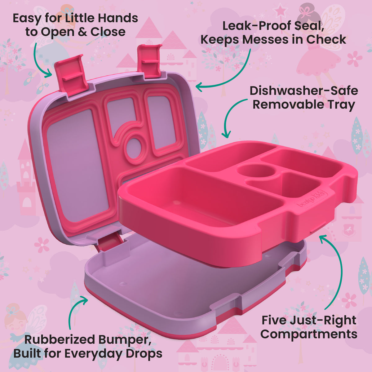 Bentgo Kids Prints Lunch Box - Fairies | Kids Lunch Box Features Include Easy For Little Hands To Open & Close, Leak-Proof Seal That Keeps Messes In Check, Dishwasher-Safe Removable Tray, Rubberized Bumper Built For Everyday Drops, And Five Just-Right Compartments