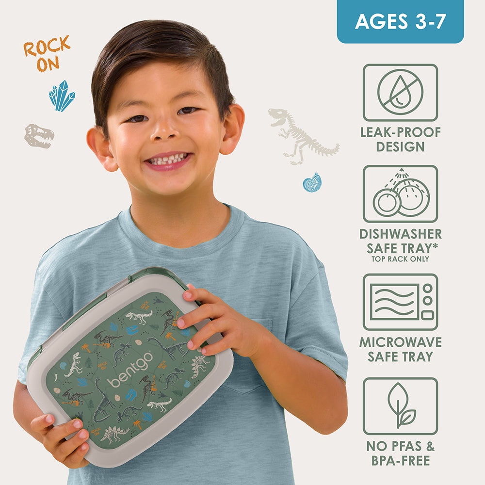 Bentgo Kids Prints Lunch Box - Dino Fossils | Leak-Proof Design, Dishwasher Safe Tray (Top Rack Only), Microwave Safe Tray And No PFAS & BPA-Free