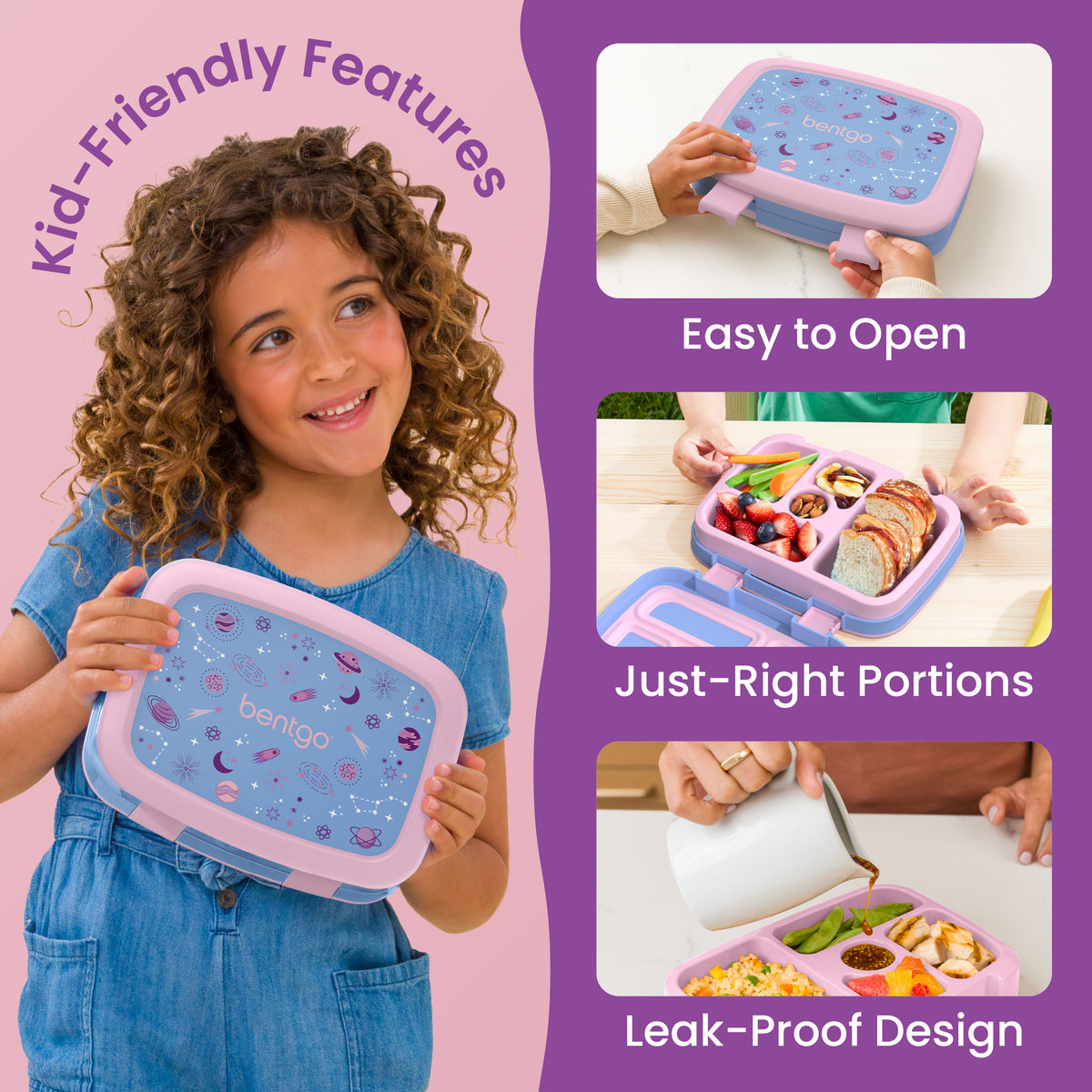 Bentgo Kids Prints Lunch Box - Lavender Galaxy | Kids Lunch Box Packed With Kid-Friendly Features Such As Easy To Open, Just-Right Portions And Leak-Proof Design