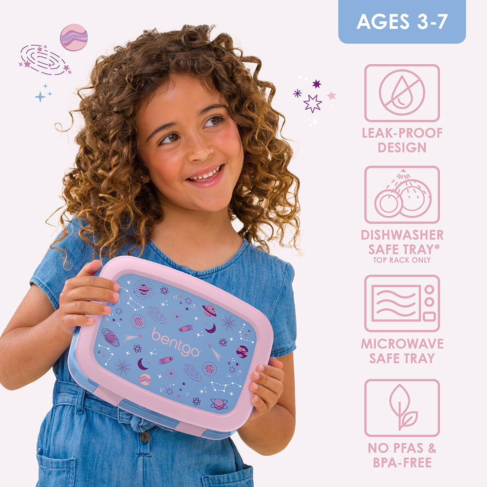 Bentgo Kids Prints Lunch Box - Lavender Galaxy | Leak-Proof Design, Dishwasher Safe Tray (Top Rack Only), Microwave Safe Tray And No PFAS & BPA-Free