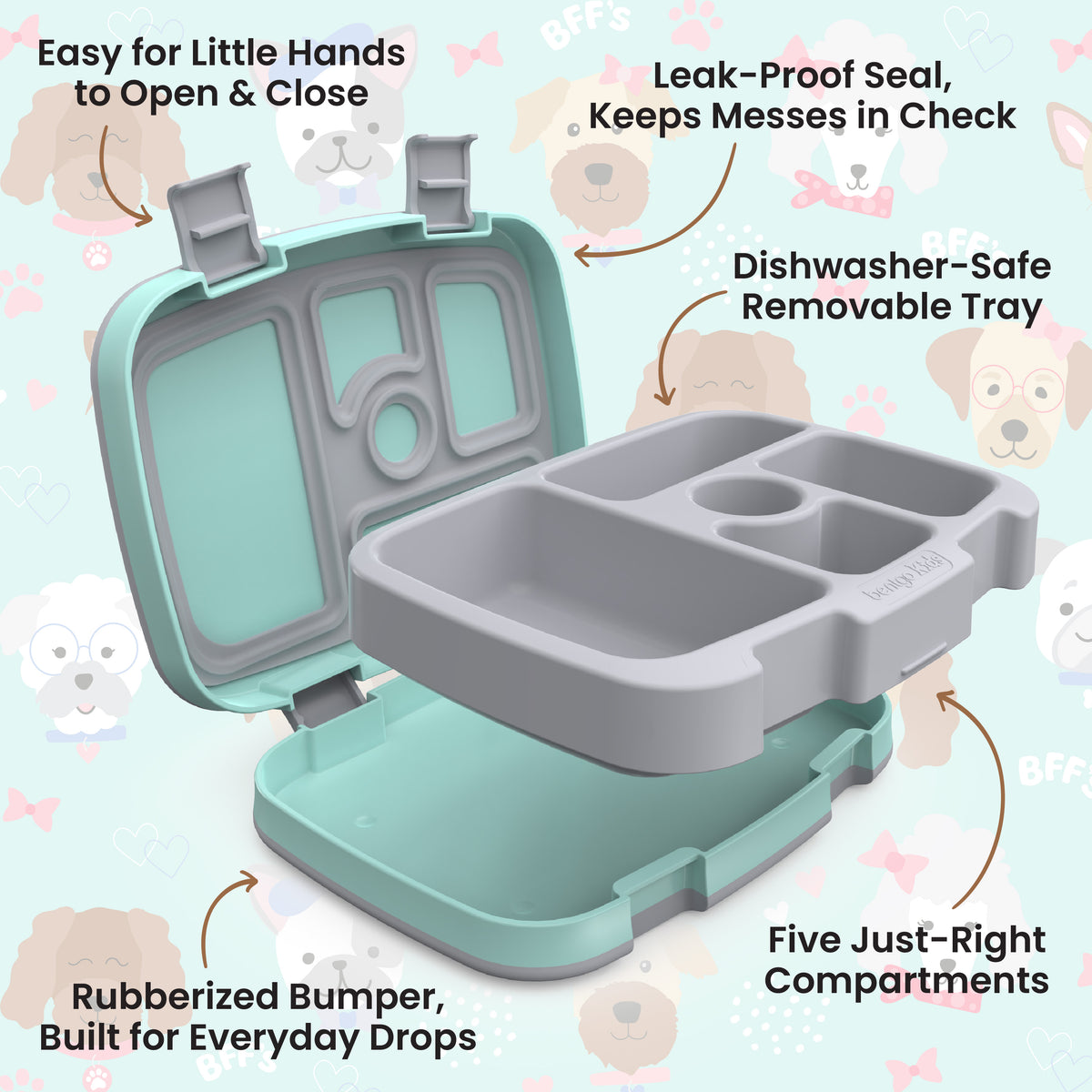 Bentgo Kids Prints Lunch Box - Puppy Love | Kids Lunch Box Features Include Easy For Little Hands To Open & Close, Leak-Proof Seal That Keeps Messes In Check, Dishwasher-Safe Removable Tray, Rubberized Bumper Built For Everyday Drops, And Five Just-Right Compartments