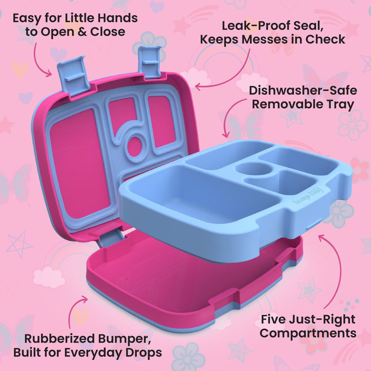 Bentgo Kids Prints Lunch Box - Rainbows and Butterflies | Kids Lunch Box Features Include Easy For Little Hands To Open & Close, Leak-Proof Seal That Keeps Messes In Check, Dishwasher-Safe Removable Tray, Rubberized Bumper Built For Everyday Drops, And Five Just-Right Compartments