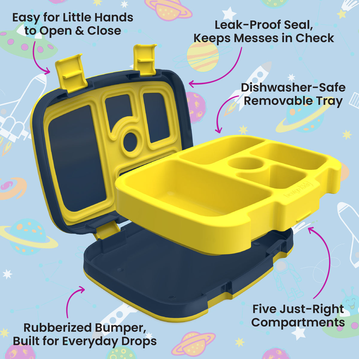 Bentgo Kids Prints Lunch Box - Space | Kids Lunch Box Features Include Easy For Little Hands To Open & Close, Leak-Proof Seal That Keeps Messes In Check, Dishwasher-Safe Removable Tray, Rubberized Bumper Built For Everyday Drops, And Five Just-Right Compartments