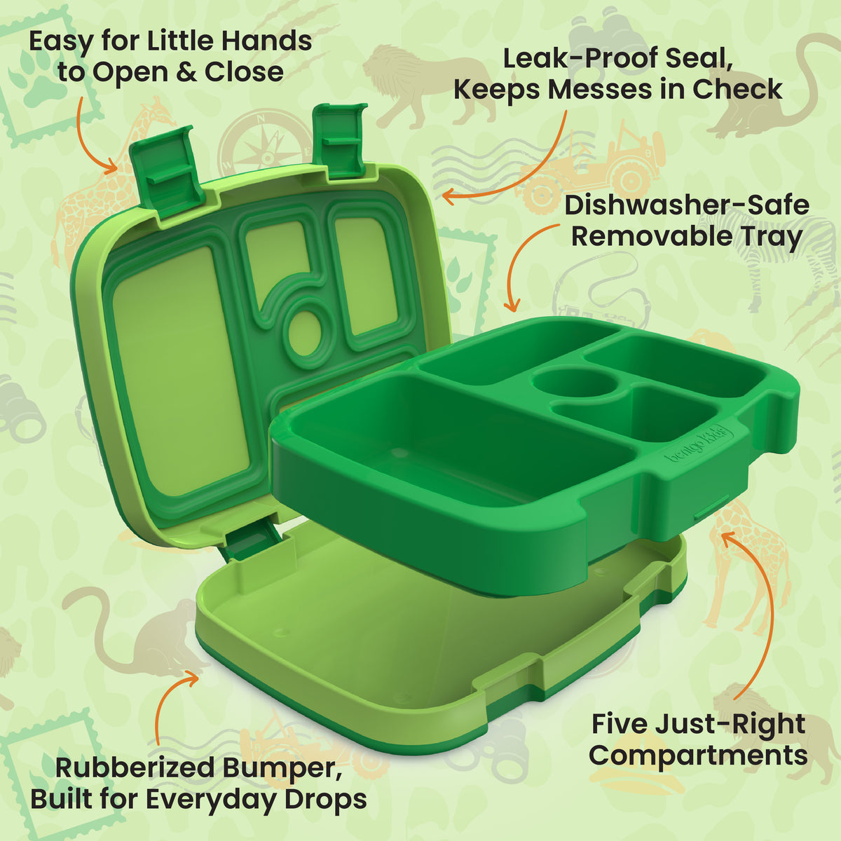 Bentgo Kids Prints Lunch Box - Safari | Kids Lunch Box Features Include Easy For Little Hands To Open & Close, Leak-Proof Seal That Keeps Messes In Check, Dishwasher-Safe Removable Tray, Rubberized Bumper Built For Everyday Drops, And Five Just-Right Compartments