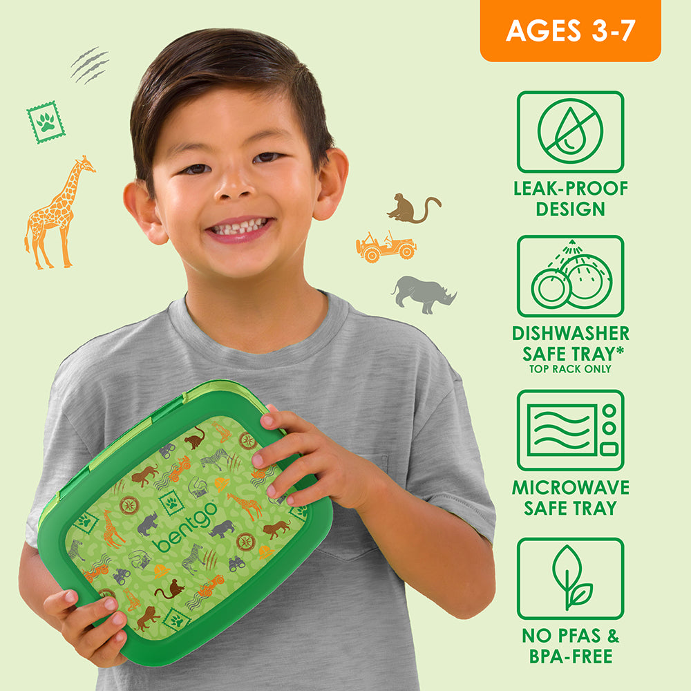 Bentgo Kids Prints Lunch Box - Safari | Leak-Proof Design, Dishwasher Safe Tray (Top Rack Only), Microwave Safe Tray And No PFAS & BPA-Free