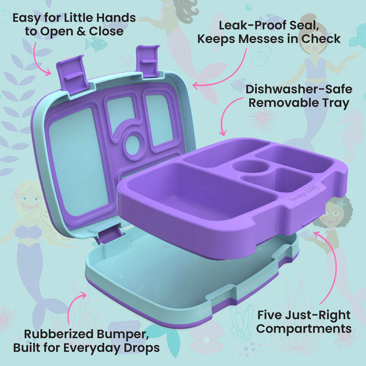 Bentgo Kids Prints Lunch Box - Mermaids in the Sea | Kids Lunch Box Features Include Easy For Little Hands To Open & Close, Leak-Proof Seal That Keeps Messes In Check, Dishwasher-Safe Removable Tray, Rubberized Bumper Built For Everyday Drops, And Five Just-Right Compartments