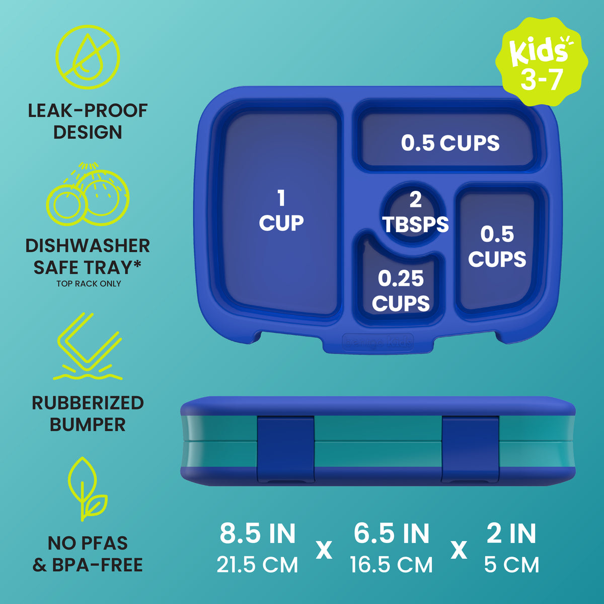 Bentgo Kids Prints Lunch Box - Sharks | Leak-Proof Design, Dishwasher Safe Tray (Top Rack Only), Rubberized Bumper And No PFAS & BPA-Free | Kids Lunch Box Dimensions