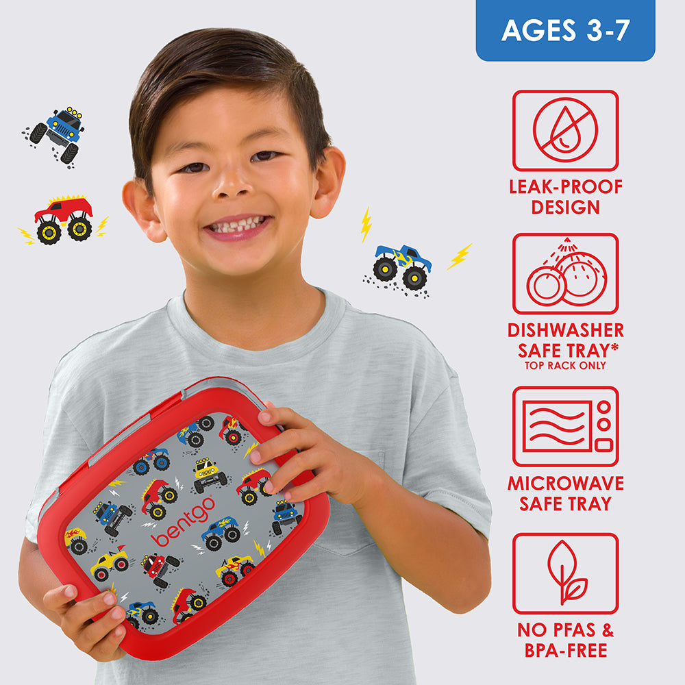 Bentgo Kids Prints Lunch Box - Trucks | Leak-Proof Design, Dishwasher Safe Tray (Top Rack Only), Microwave Safe Tray And No PFAS & BPA-Free