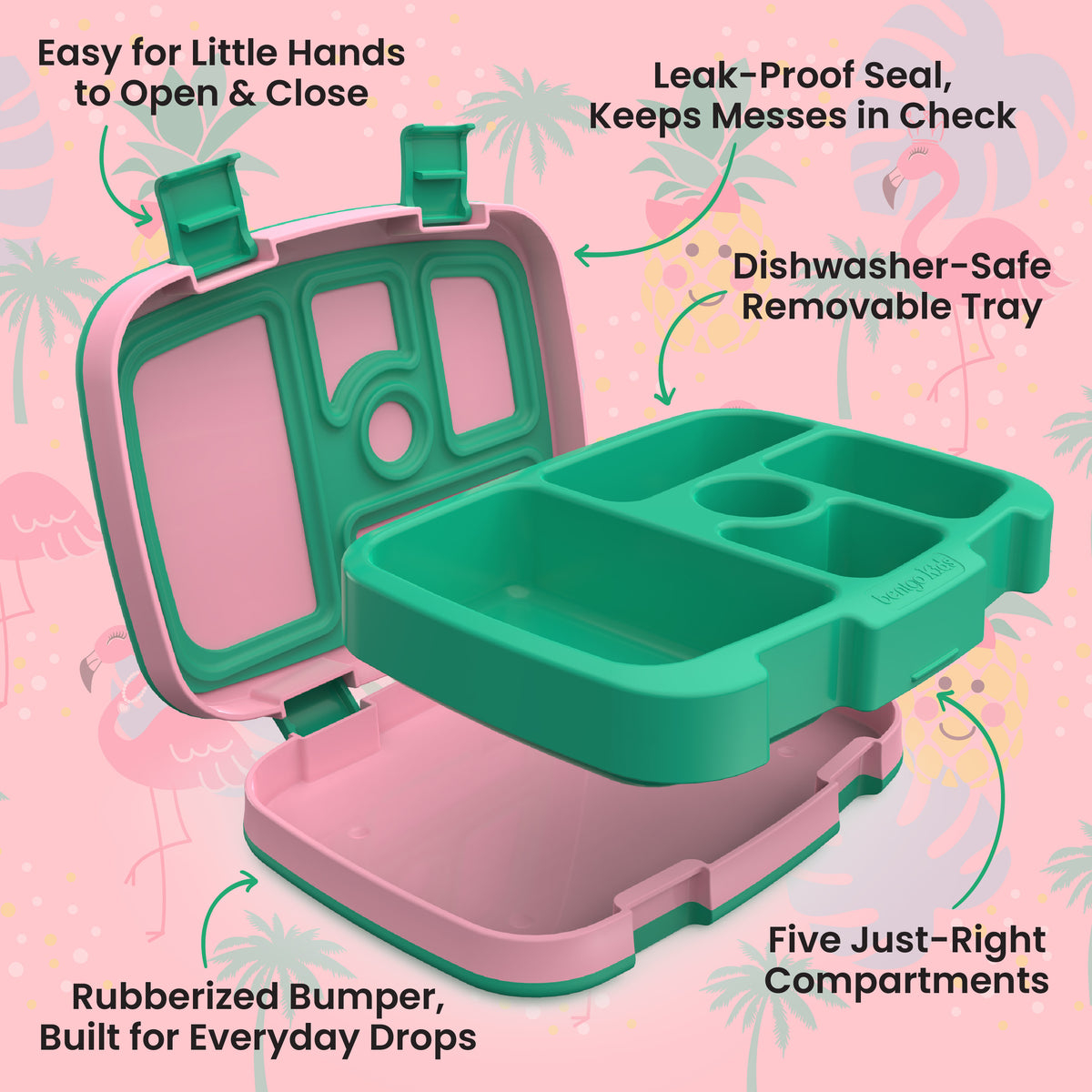 Bentgo Kids Prints Lunch Box - Tropical | Kids Lunch Box Features Include Easy For Little Hands To Open & Close, Leak-Proof Seal That Keeps Messes In Check, Dishwasher-Safe Removable Tray, Rubberized Bumper Built For Everyday Drops, And Five Just-Right Compartments