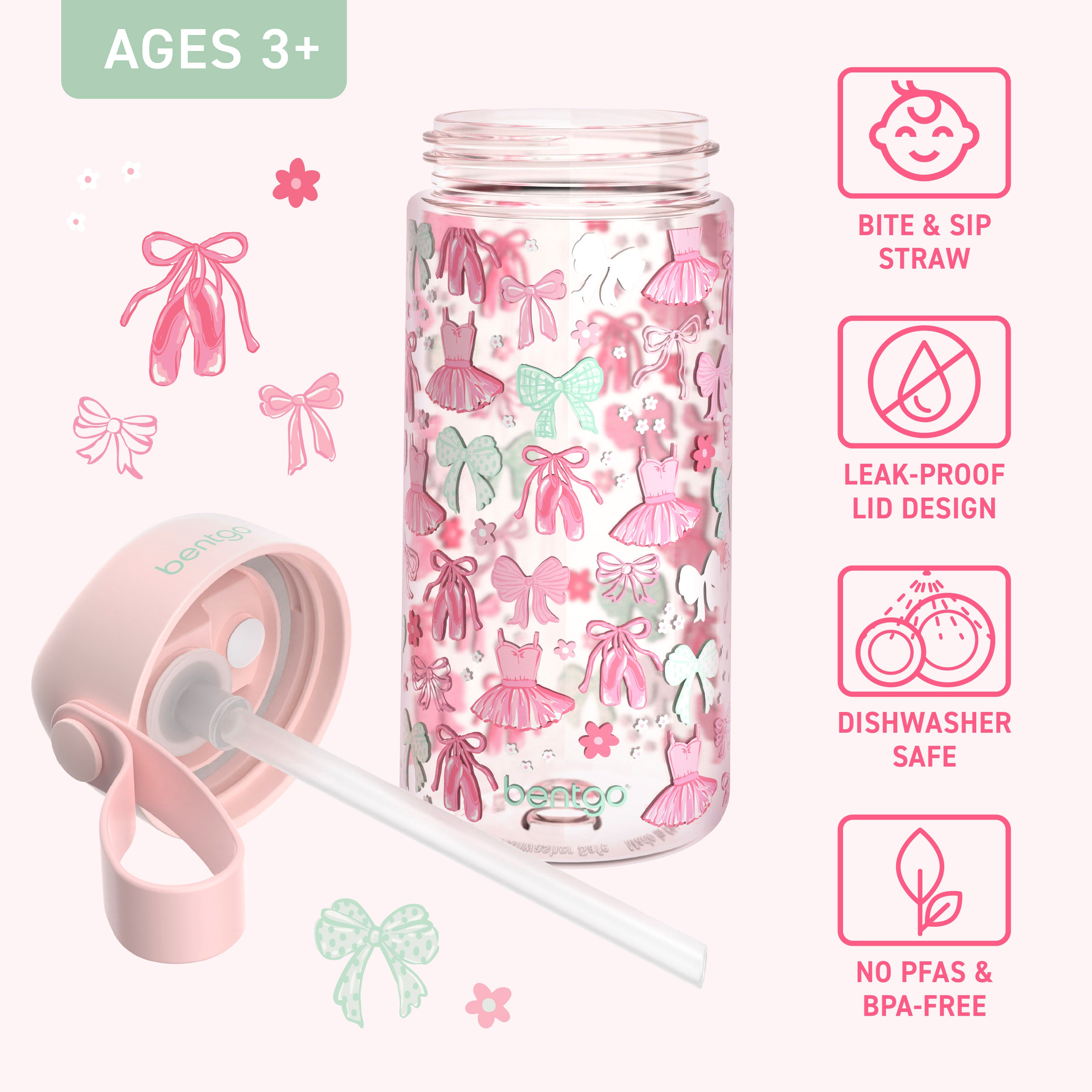 Bentgo Kids Water Bottle - Ballet and Bows | Bite & Sip Straw, Leak-Proof Lid Design, Dishwasher Safe, No PFAs & BPA-Free