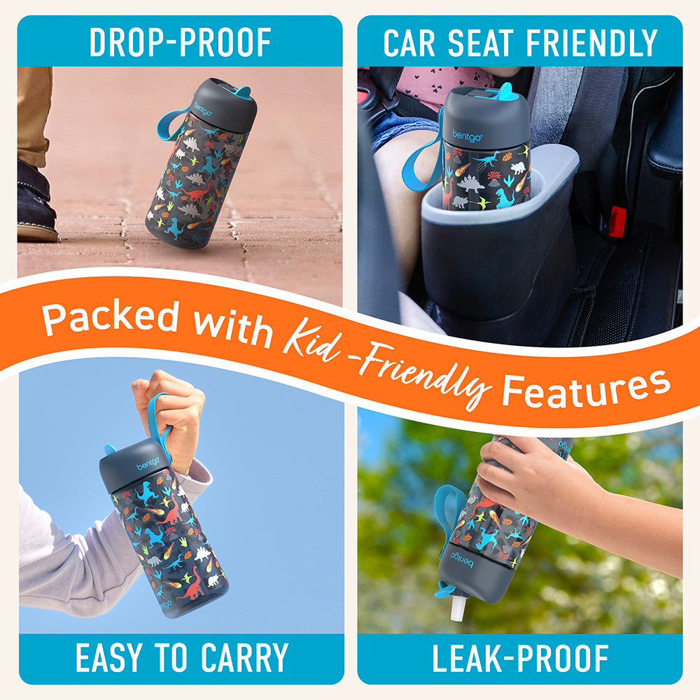 Bentgo® Kids Water Bottle - Dinosaur | Made with Kid-Friendly Features - Leak-Proof, Drop-Proof, Car Seat Friendly, And Easy to Carry