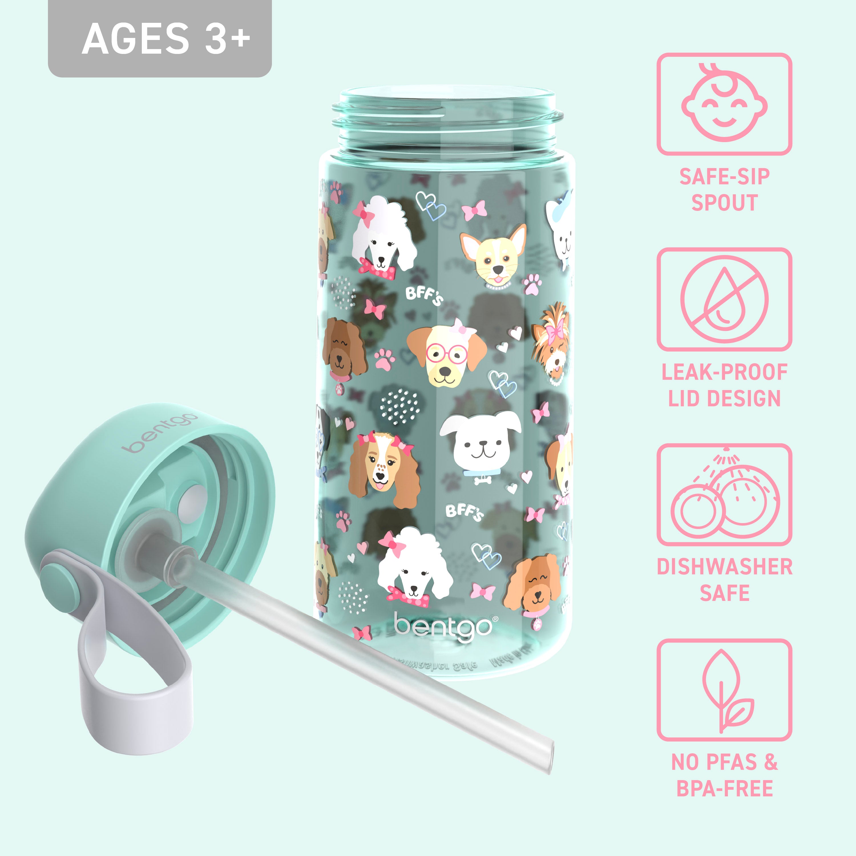 Bentgo Kids Water Bottle - Puppy Love | Bite & Sip Straw, Leak-Proof Lid Design, Dishwasher Safe, No PFAs & BPA-Free