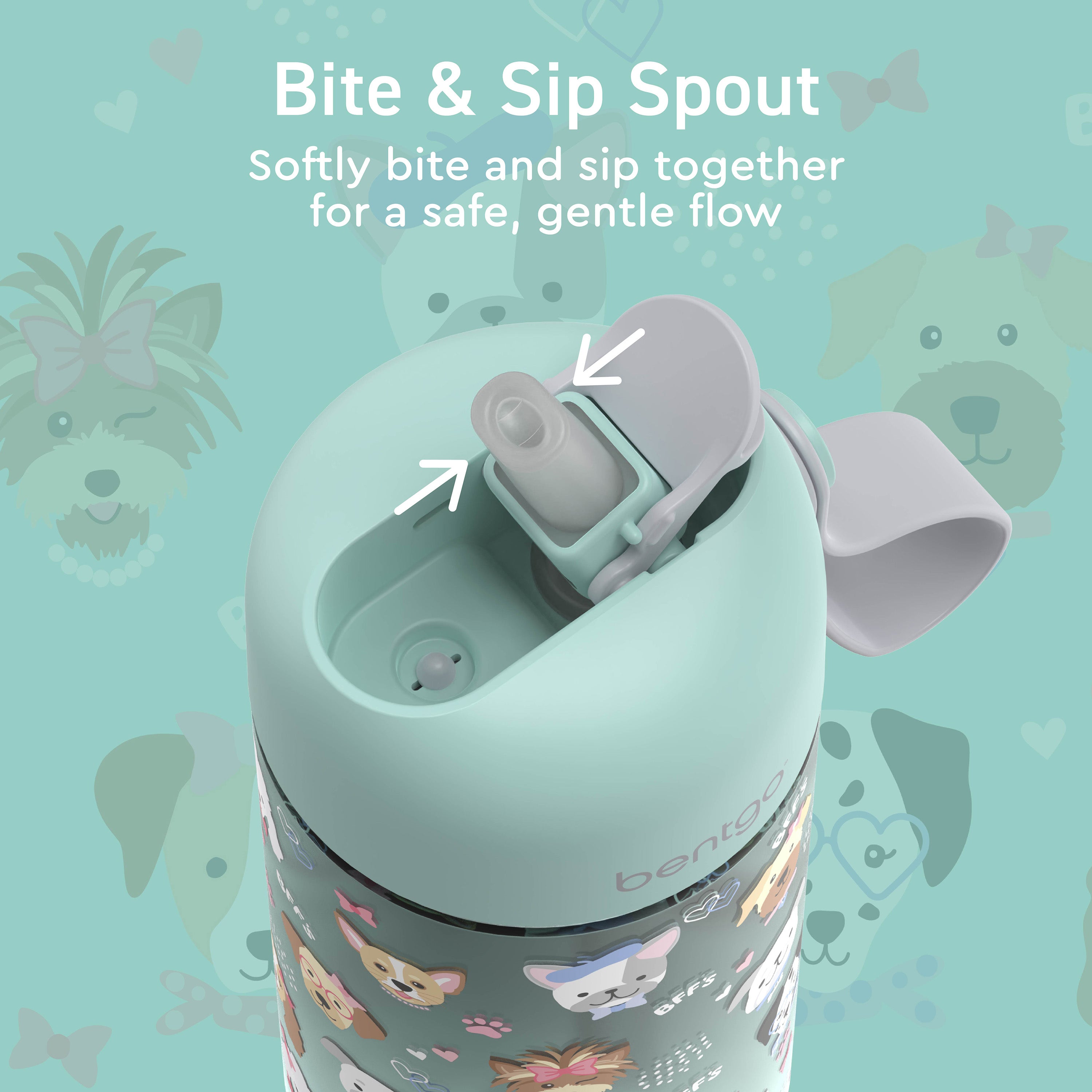 Bentgo® Kids Water Bottle - Puppy Love | Bite & Sip Spout - Softly Bite And Sip Together For A Safe, Gentle Flow