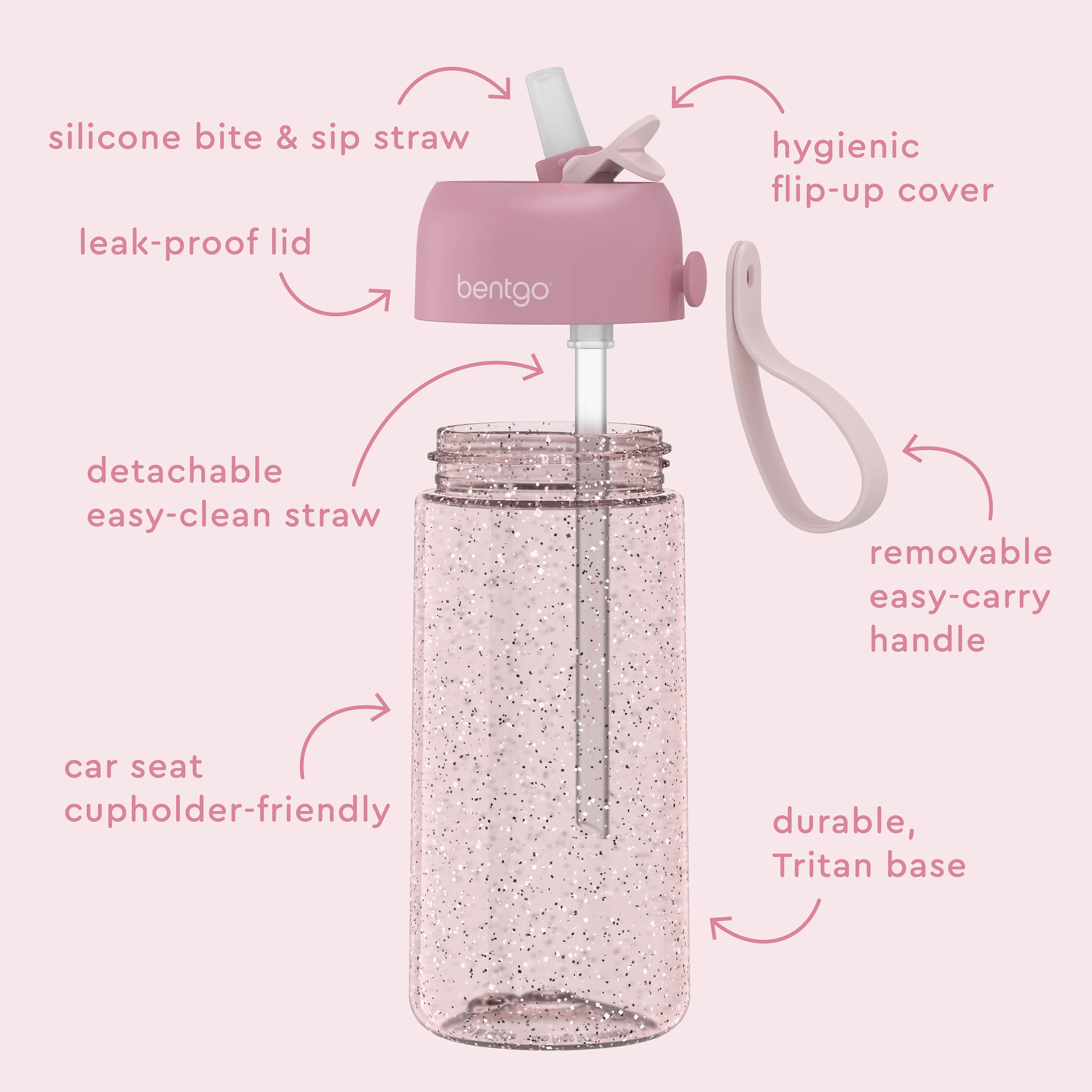 Bentgo® Kids Water Bottle (Glitter) - Petal Pink Glitter | Hygienic Flip-Up Cover, Silicone Bite & Sip Straw, Leak-Proof Lid, Detachable Easy-Clean Straw, Durable Tritan Base, And Removable Easy-Carry Handle