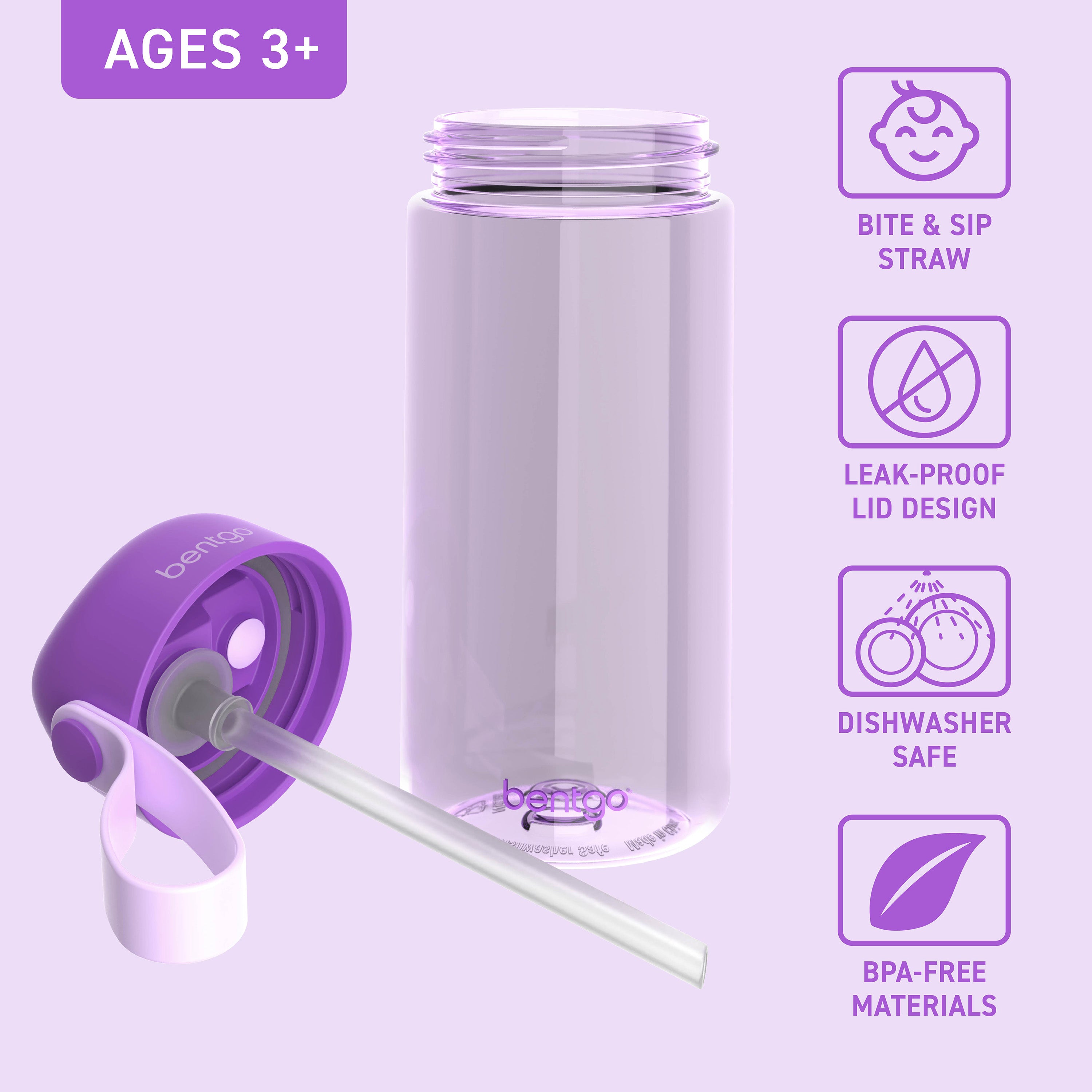 Bentgo® Kids Water Bottle - Purple | Bite & Sip Straw, Leak-Proof Lid, Dishwasher Safe, And Made With BPA-Free Materials