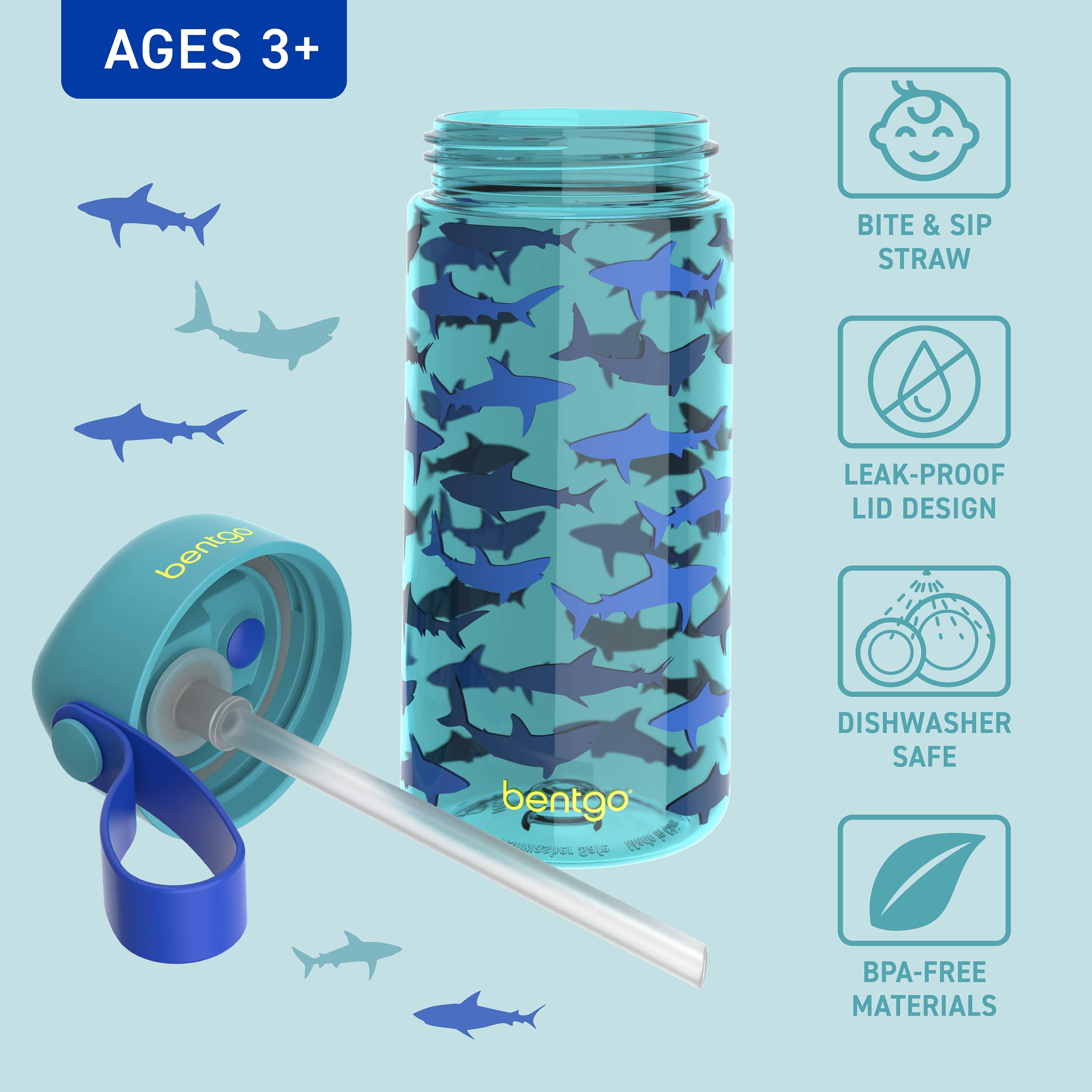 Bentgo® Kids Water Bottle - Sharks | Bite & Sip Straw, Leak-Proof Lid, Dishwasher Safe, And Made With BPA-Free Materials