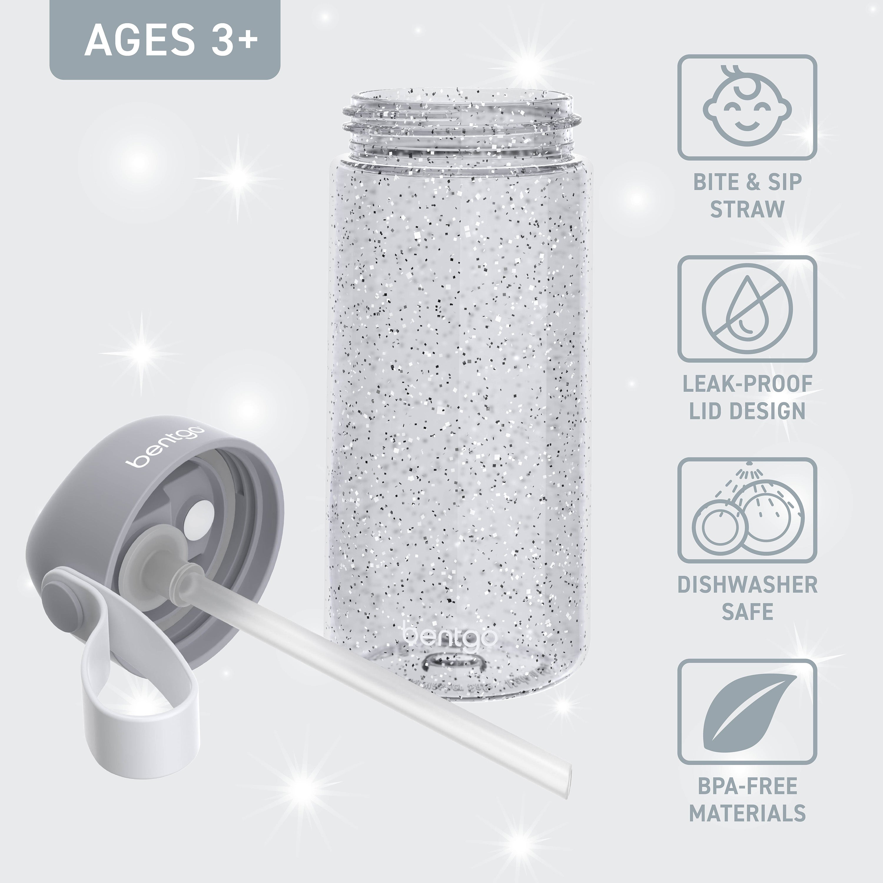 Bentgo® Kids Water Bottle - Silver Glitter | Bite & Sip Straw, Leak-Proof Lid, Dishwasher Safe, And Made With BPA-Free Materials