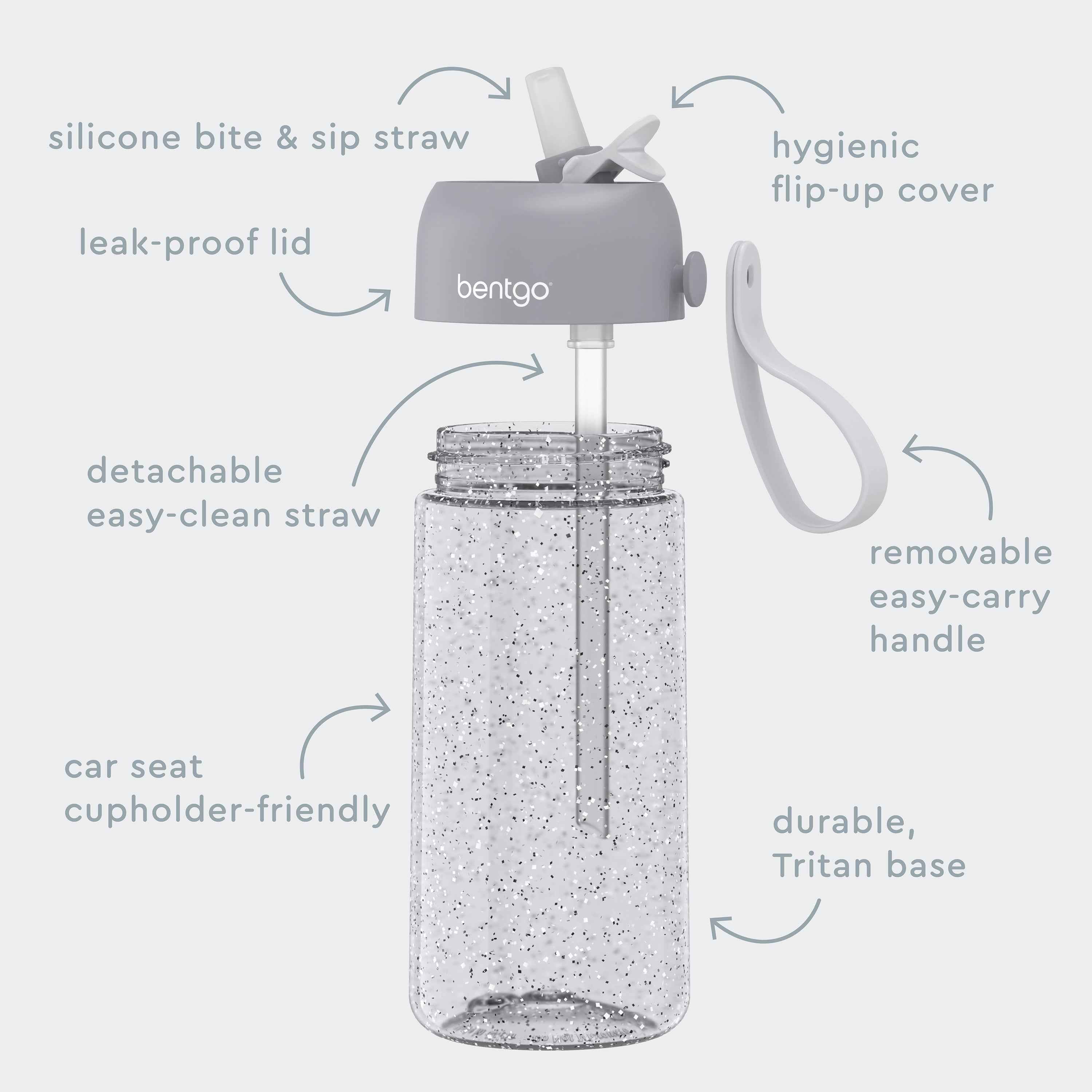 Bentgo® Kids Water Bottle - Silver Glitter | Hygienic Flip-Up Cover, Silicone Bite & Sip Straw, Leak-Proof Lid, Detachable Easy-Clean Straw, Durable Tritan Base, And Removable Easy-Carry Handle