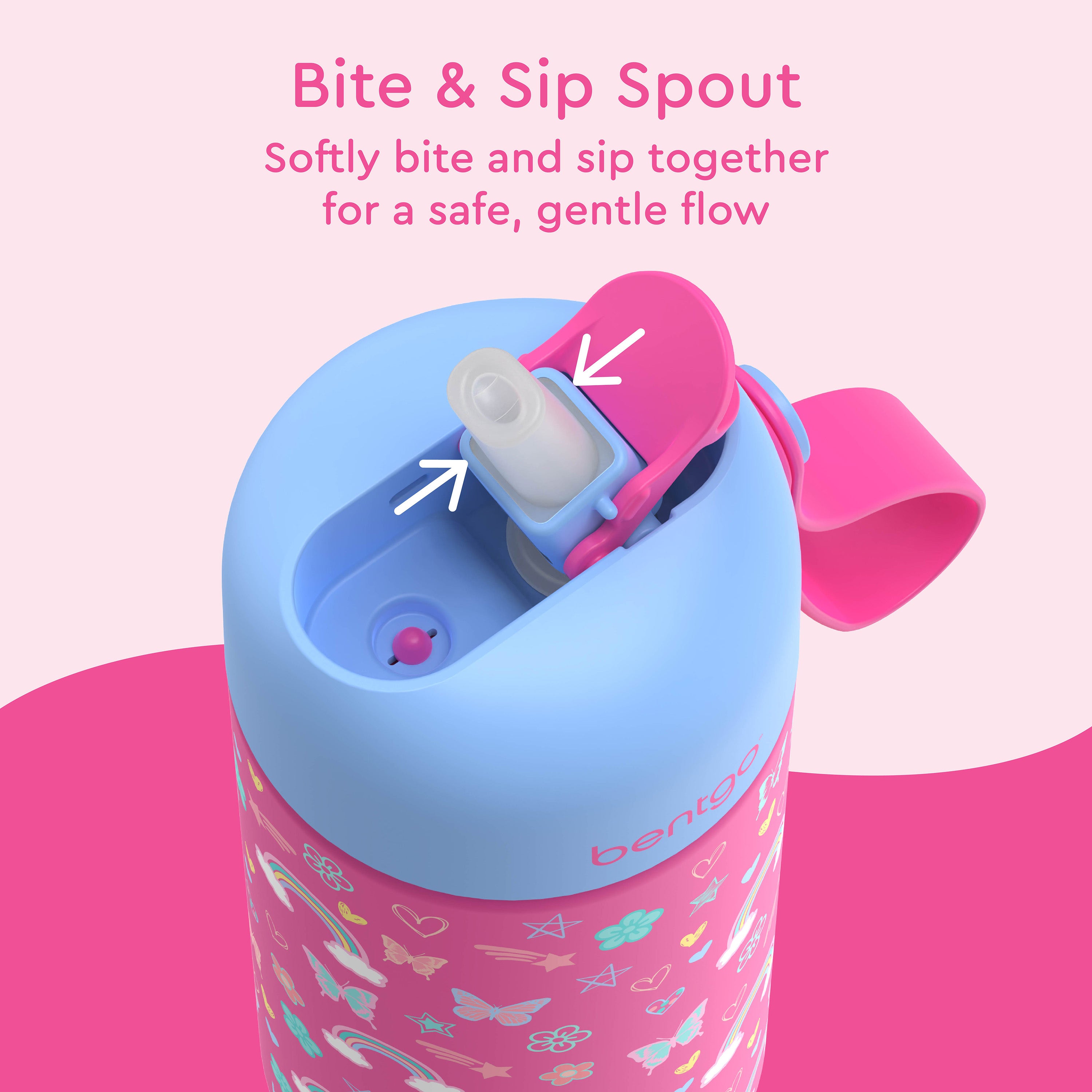 Bentgo® Kids Stainless Steel Insulated Water Bottle - Rainbows and Butterflies | Bite & Sip Spout - Softly Bite And Sip Together For A Safe, Gentle Flow