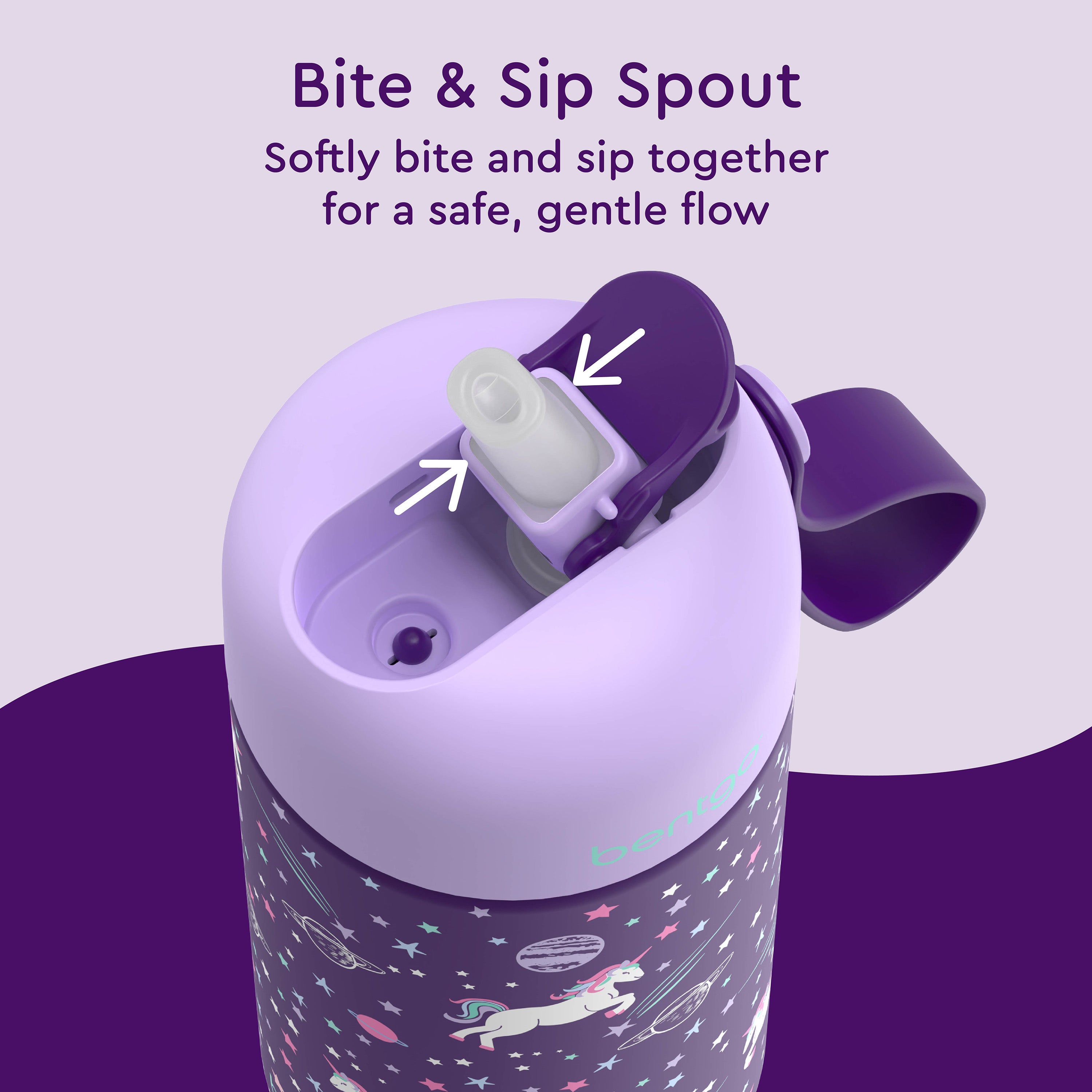 Bentgo® Kids Stainless Steel Insulated Water Bottle - Unicorn | Bite & Sip Spout - Softly Bite And Sip Together For A Safe, Gentle Flow