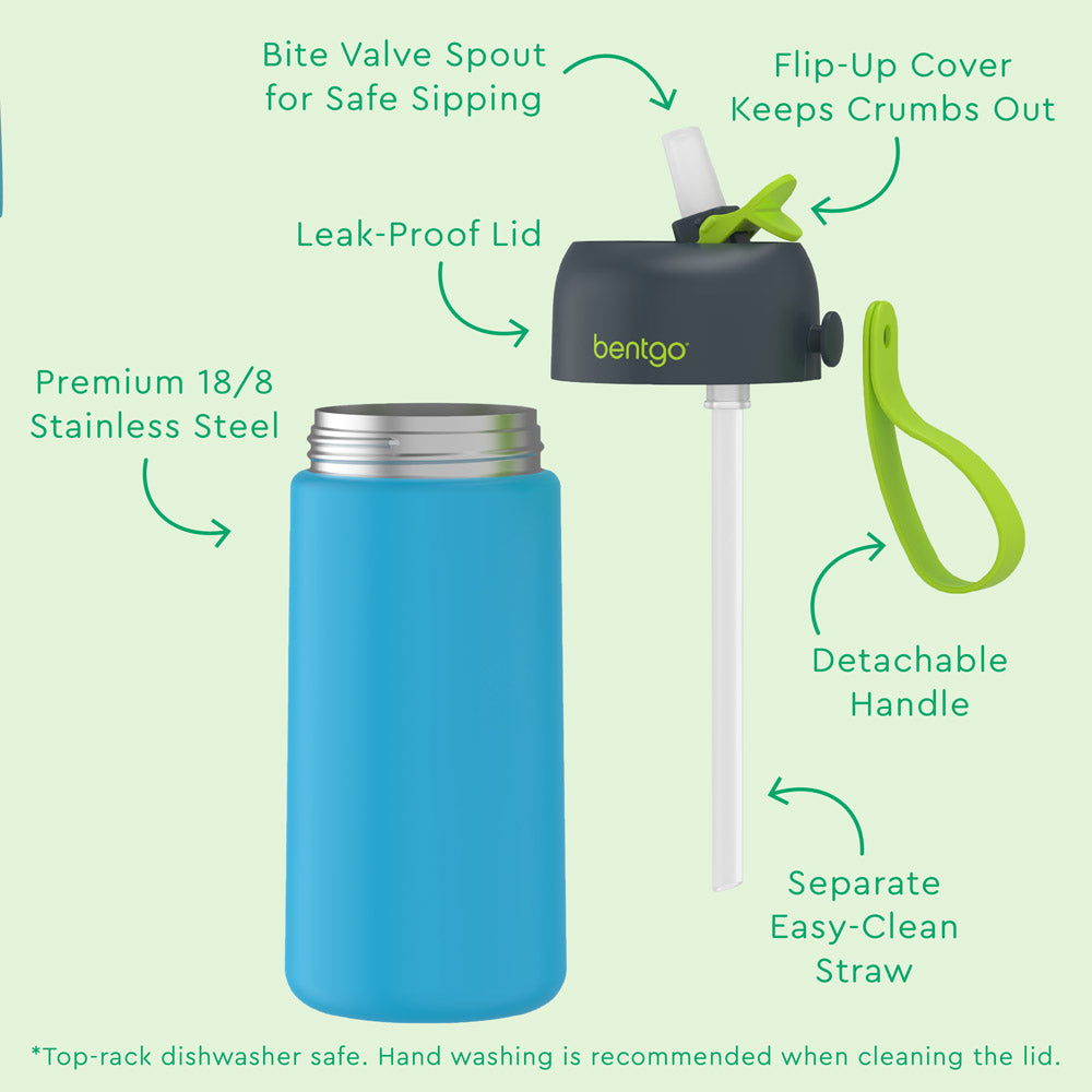 Bentgo® Kids Stainless Steel Insulated Water Bottle (2-Pack)  - Dinosaur/Dino-Mite Blue | Features Bite Valve Spout For Safe Sipping, Flip-Up Cover Keeps Crumbs Out, Detachable Handle, Premium 18/8 Stainless Steel, Separate Easy-Clean Straw, And Leak-Proof Lid