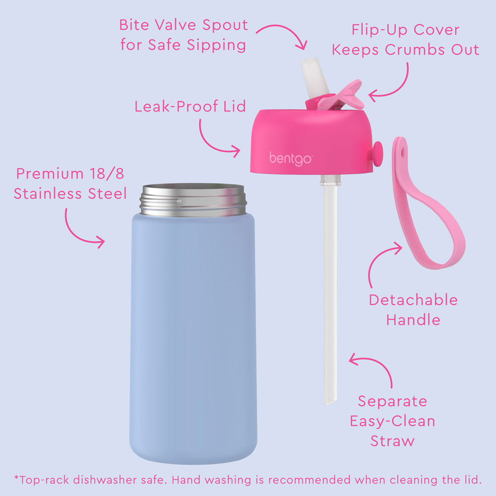 Bentgo® Kids Stainless Steel Insulated Water Bottle (2-Pack) - Rainbows/Periwinkle | Features Bite Valve Spout For Safe Sipping, Flip-Up Cover Keeps Crumbs Out, Detachable Handle, Premium 18/8 Stainless Steel, Separate Easy-Clean Straw, And Leak-Proof Lid