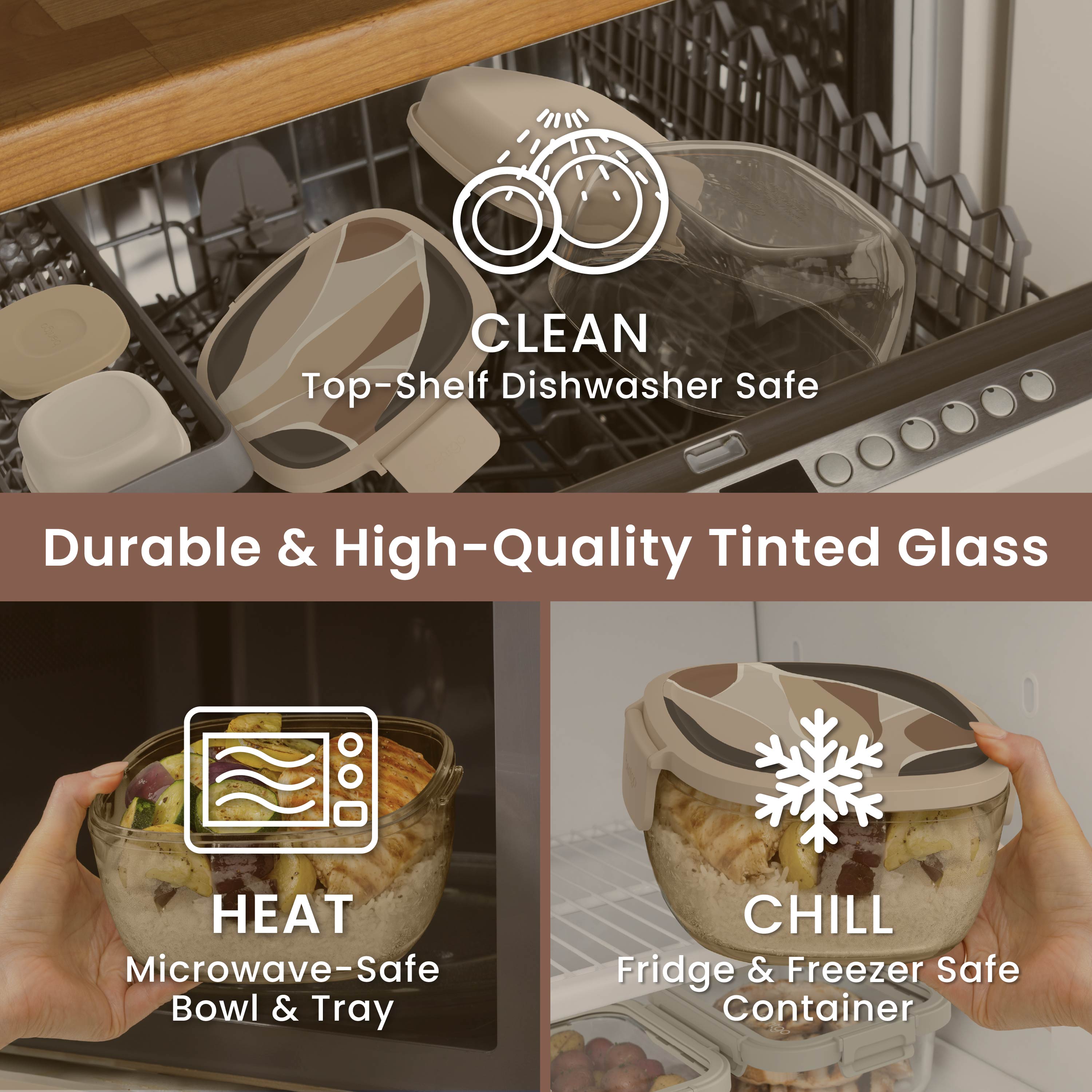 Bentgo® Glass Prints All-in-One Salad Container - Inky Abstract - Neutrals | Durable & High-Quality Tinted Glass. Microwave Safe, Fridge & Freezer Safe And Dishwasher Safe